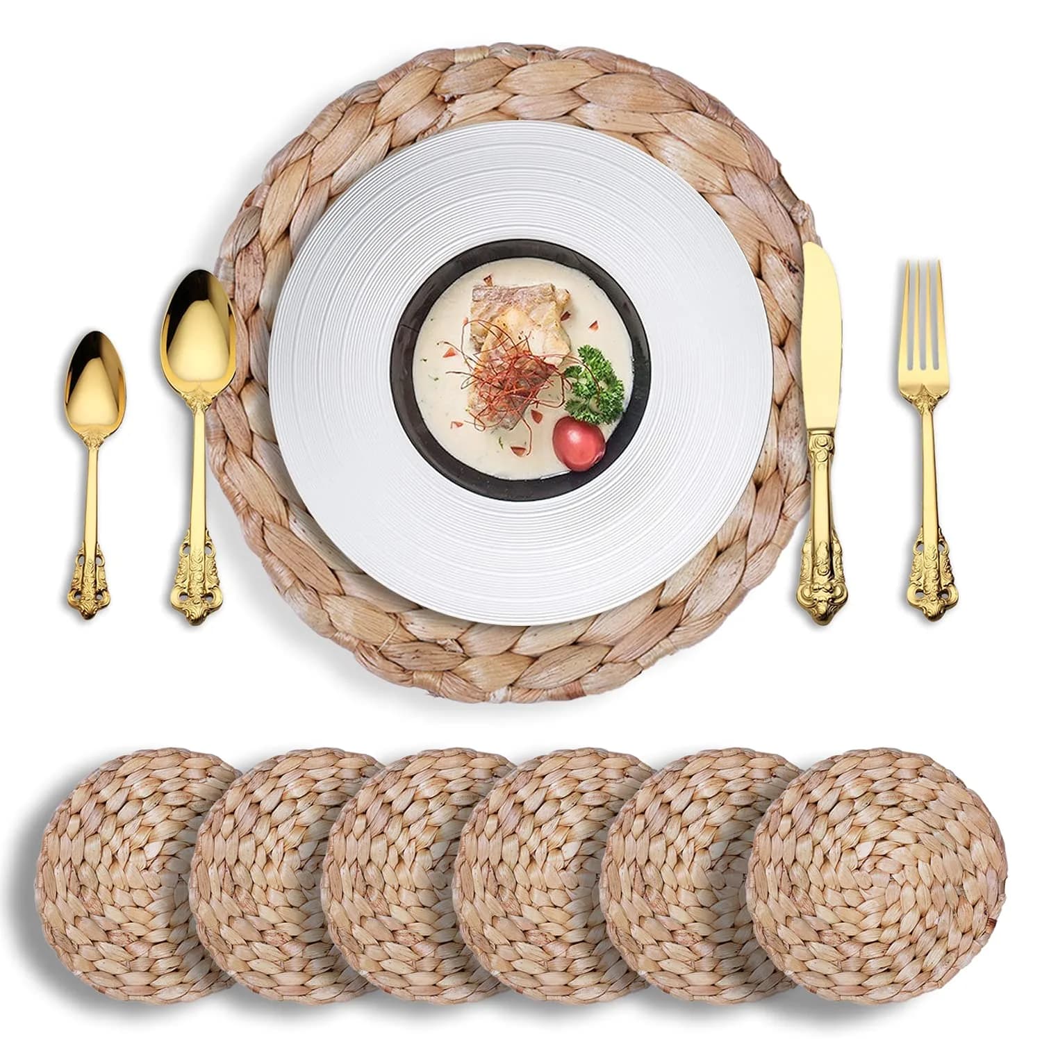 DMATSTORE Water Hyacinth Placemats - Round Woven Placemats - Trivets for Hot Dishes (Seagrass11.8-6pcs) | Rustic Heat-Resistant Table Decor