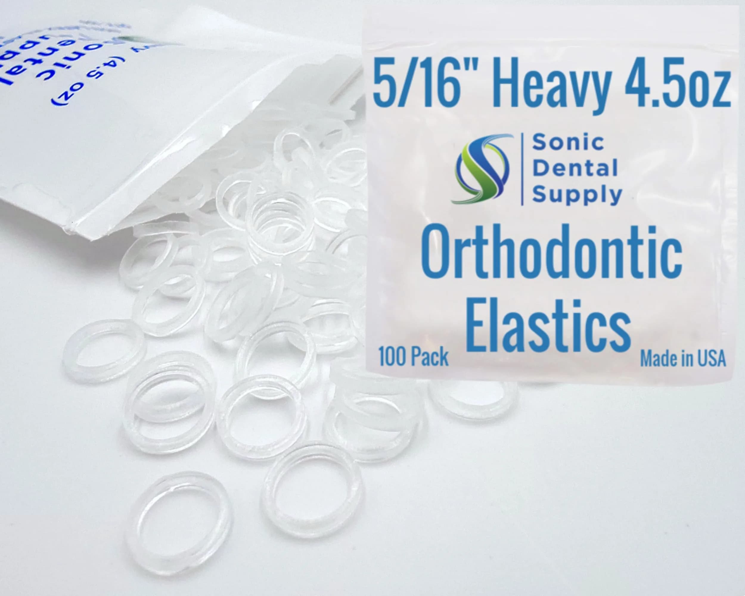 Sonic Dental Supply Clear 4.5 oz Orthodontic Elastic Rubber Bands 100 Pack (5/16 inch) | Latex-Free, Heavy Force - main product image