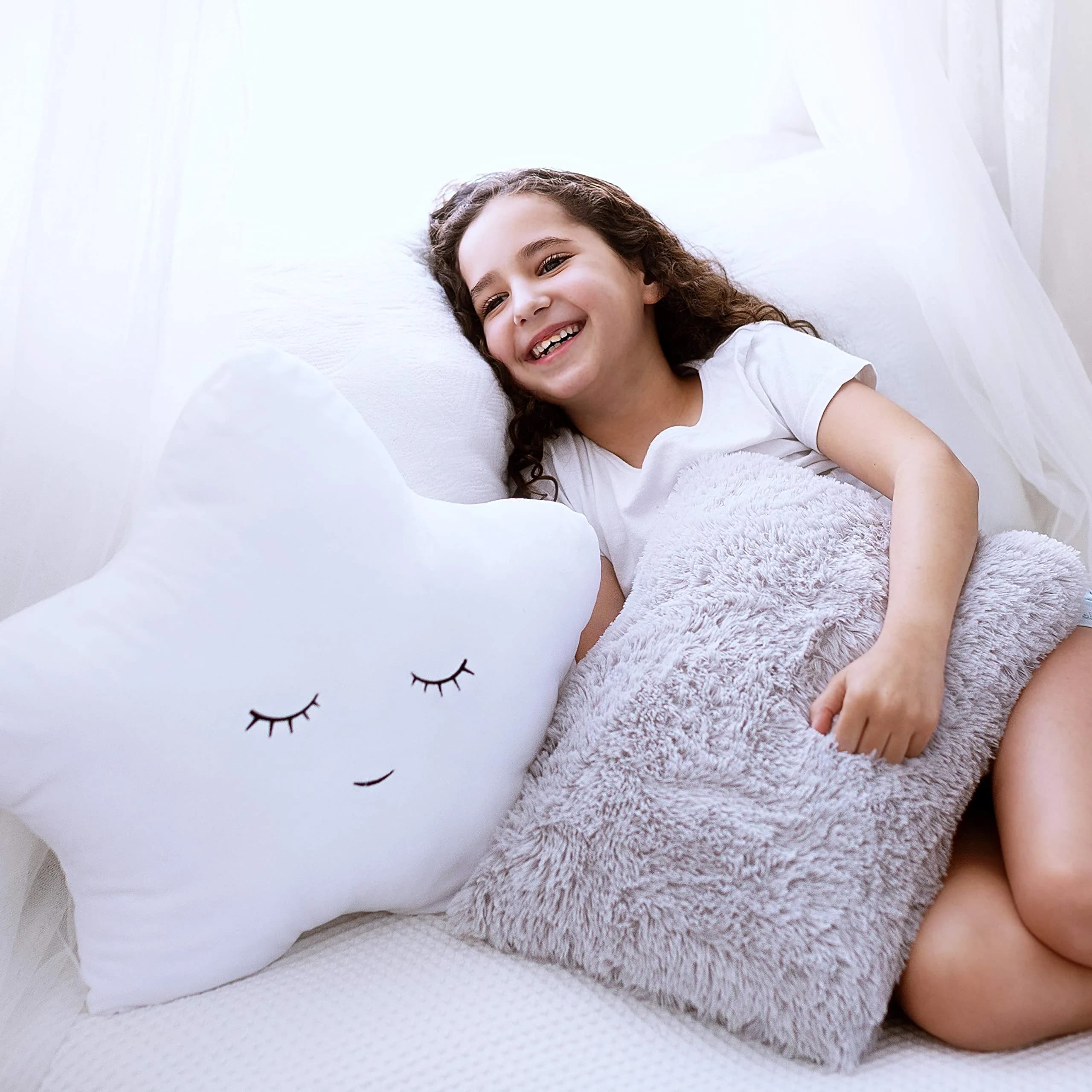Perfectto Design Set of 2 Decorative Pillows for Girls Toddler Kids Room | White Fluffy Star & Grey Plush (Large Pack) - main product image
