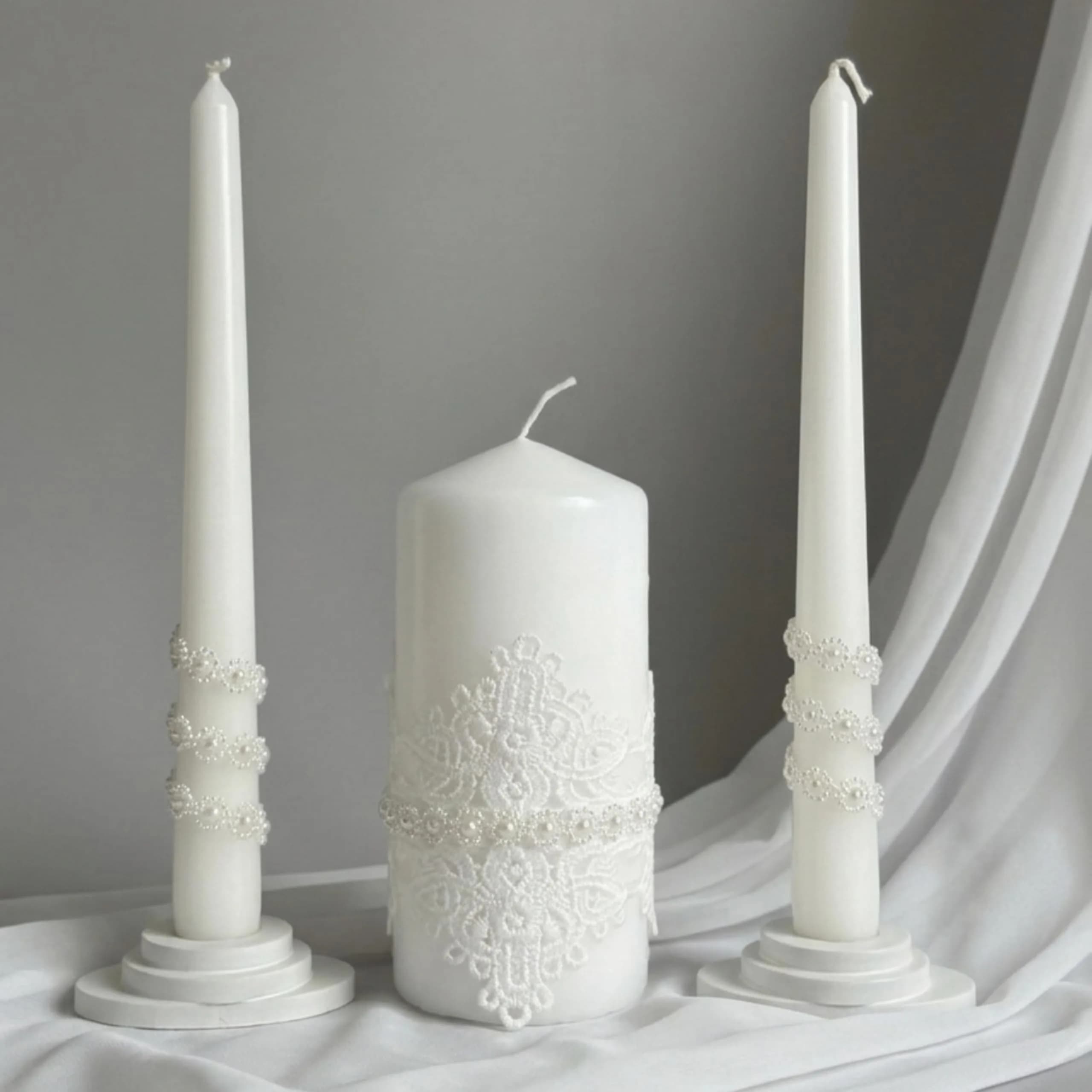 Magik Life Lace Elegance Unity Candle Set for Wedding & Reception | White Pearl Decor, 6" Pillar & Two 10" Taper Candles - main product image