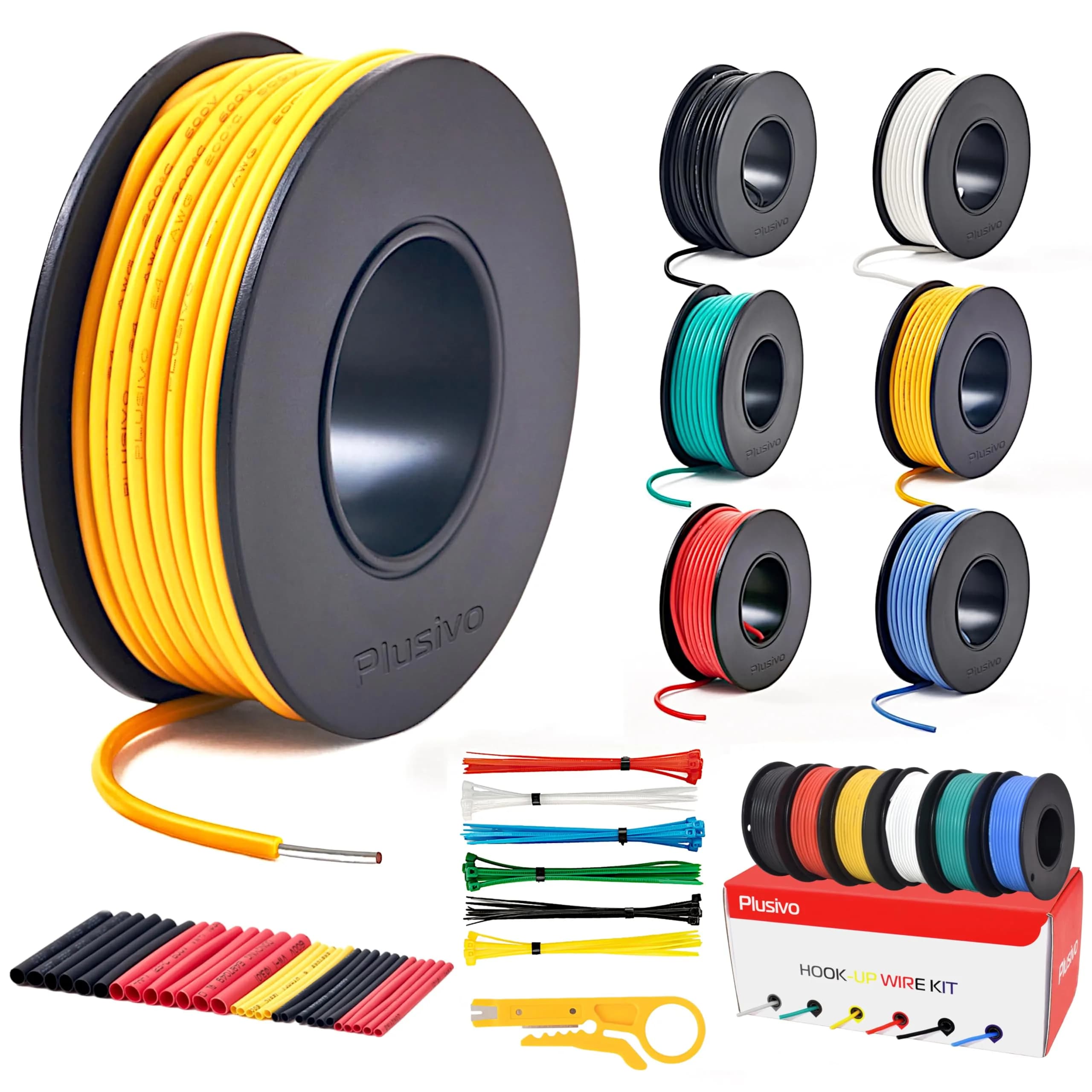 Plusivo 20 AWG Solid Core Wire Kit – 6 Colors, 23ft Each Spool | 600V PVC Coated Tinned Copper for Electronics - main product image