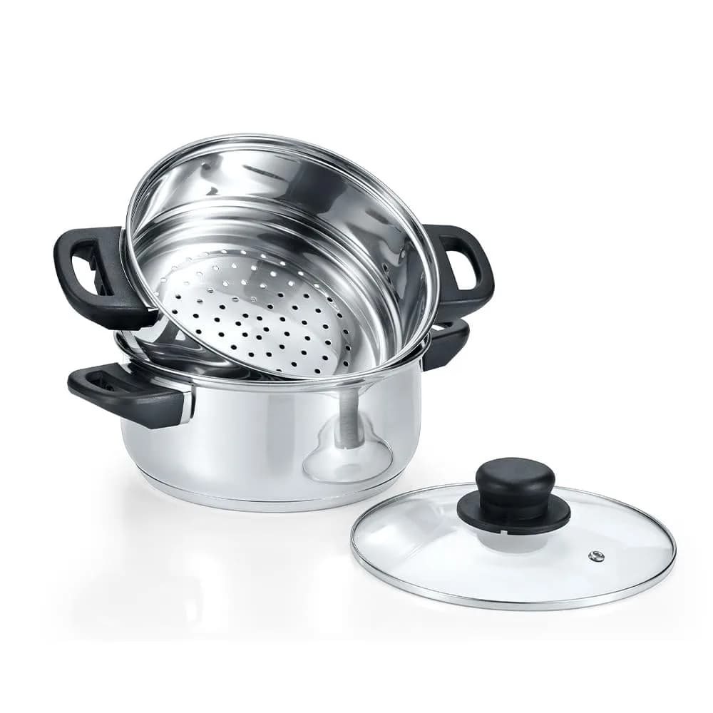 Concord 3 Quart Stainless Steel Steamer Set | Induction Compatible, 2 Tier, Tempered Glass Lid