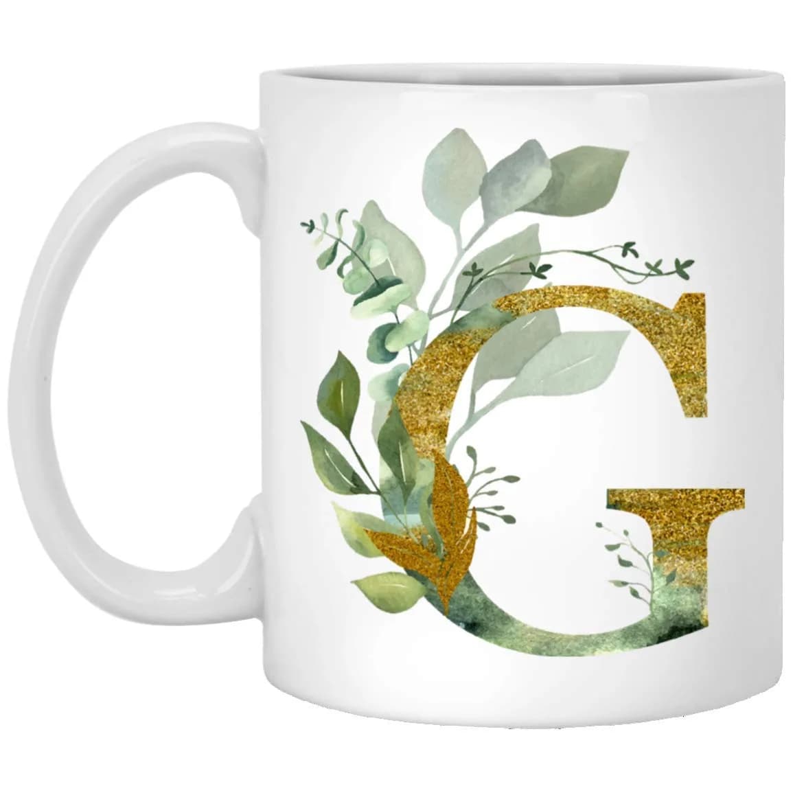 IRIDESCENT Alpha/G Graphic G Coffee Mug 11oz | Gold Shimmer Floral Design for Her