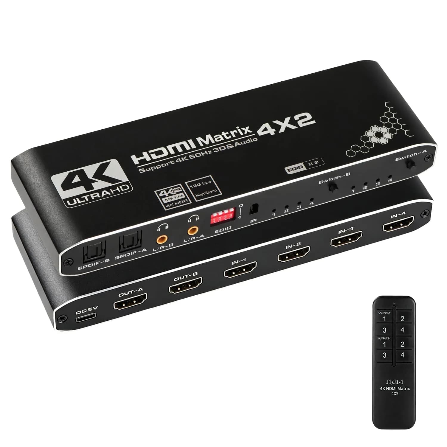 Anber-Tech HDMI Matrix 4x2 Switcher Splitter 4K@60Hz HDR 3D | 4K HDR HDMI 2.0b HDCP 2.2 - main product image