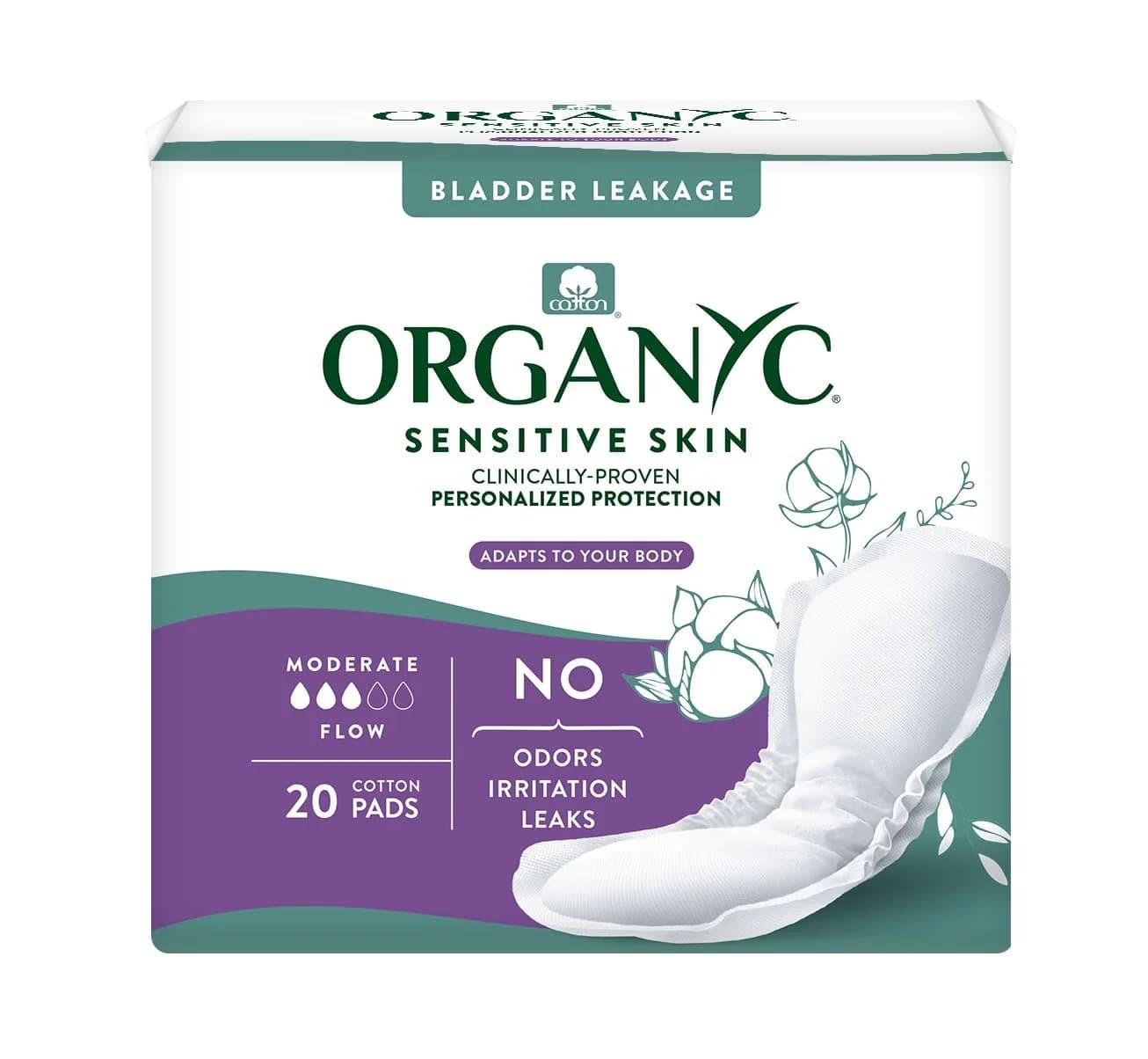 Organyc 100% Organic Cotton Light Incontinence Pads for Bladder Leaks | Moderate Flow, 20 Count