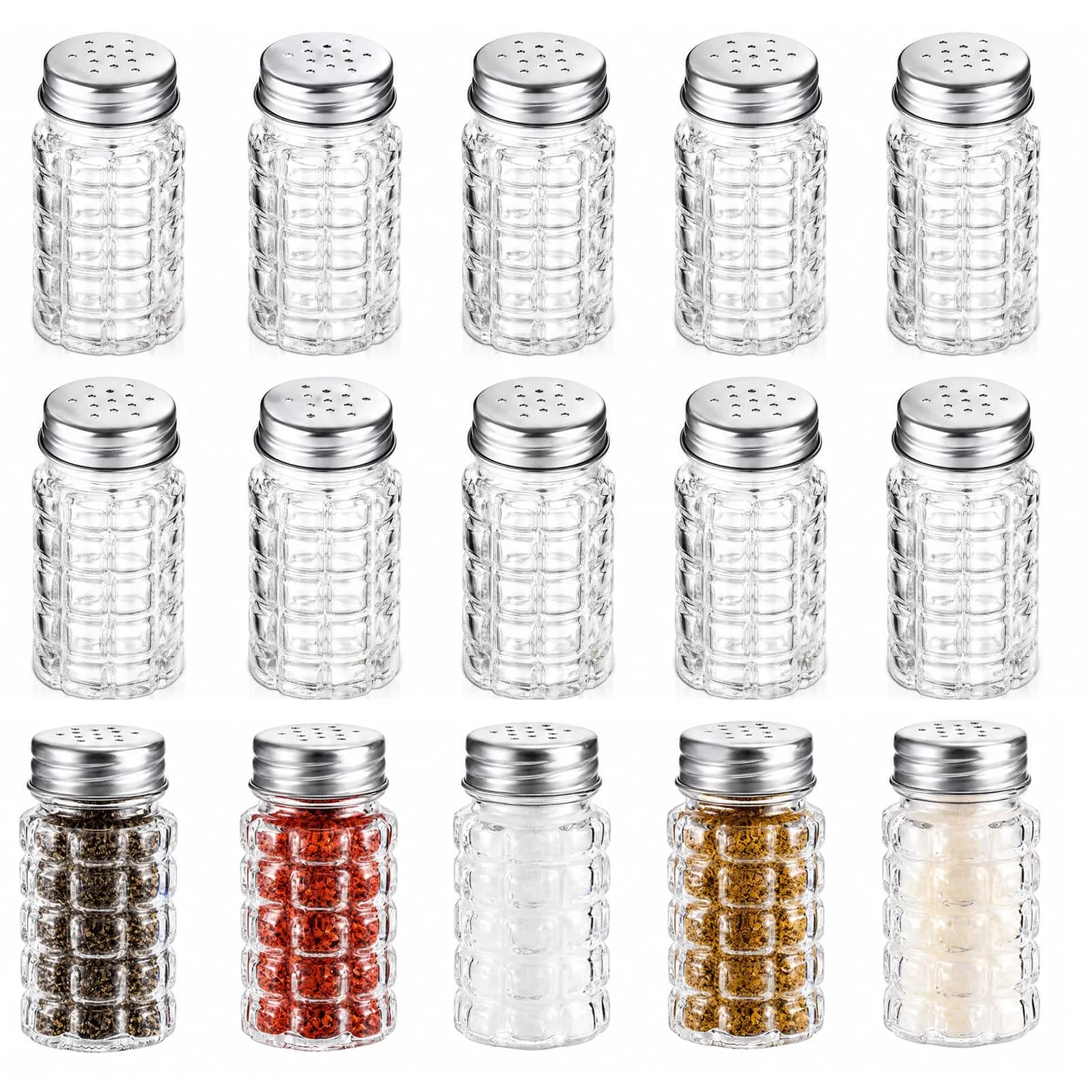 Jucoan Salt and Pepper Shakers Set, 16 Pack, Retro Glass with Metal Lids | Classic Kitchen Essential
