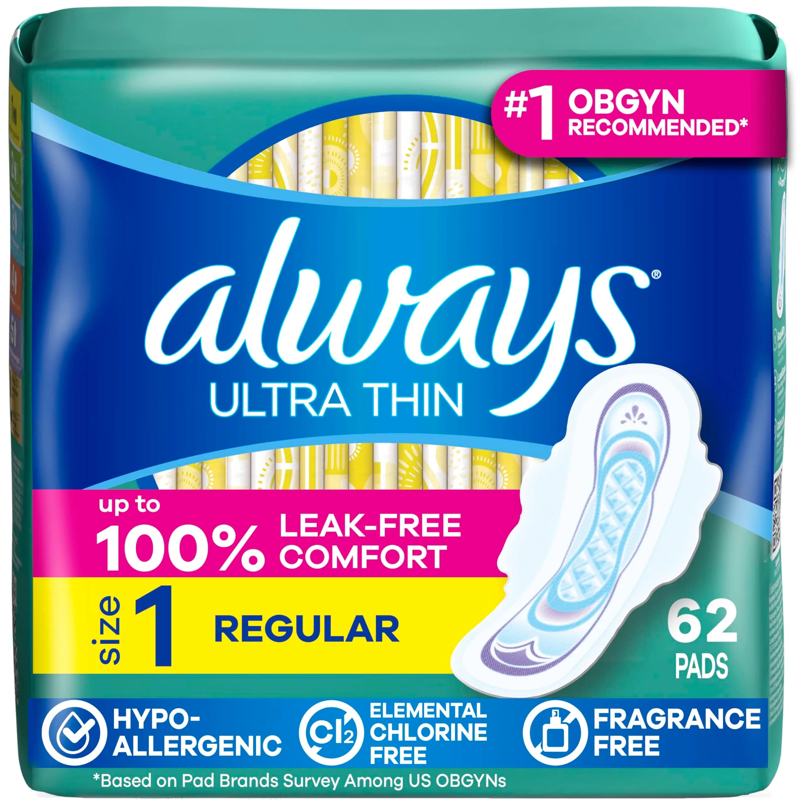 Always Ultra Thin Feminine Pads Size 1 Regular Absorbency 62 Count | Up to 100% Leak-Free Protection - main product image