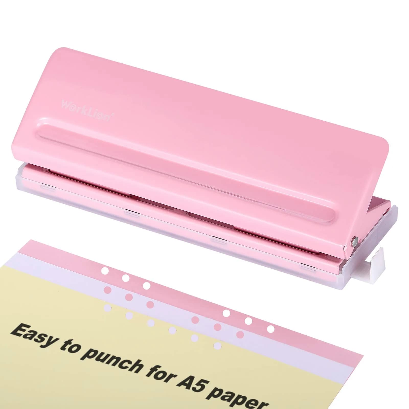 WORKLION Adjustable 6 Hole Punch: Metal Six Hole Puncher for Planners and 6-Ring Binders with 6 Sheet Capacity for A4 / A5 / A6 / Personal/Pocket Size (Pink) - main product image