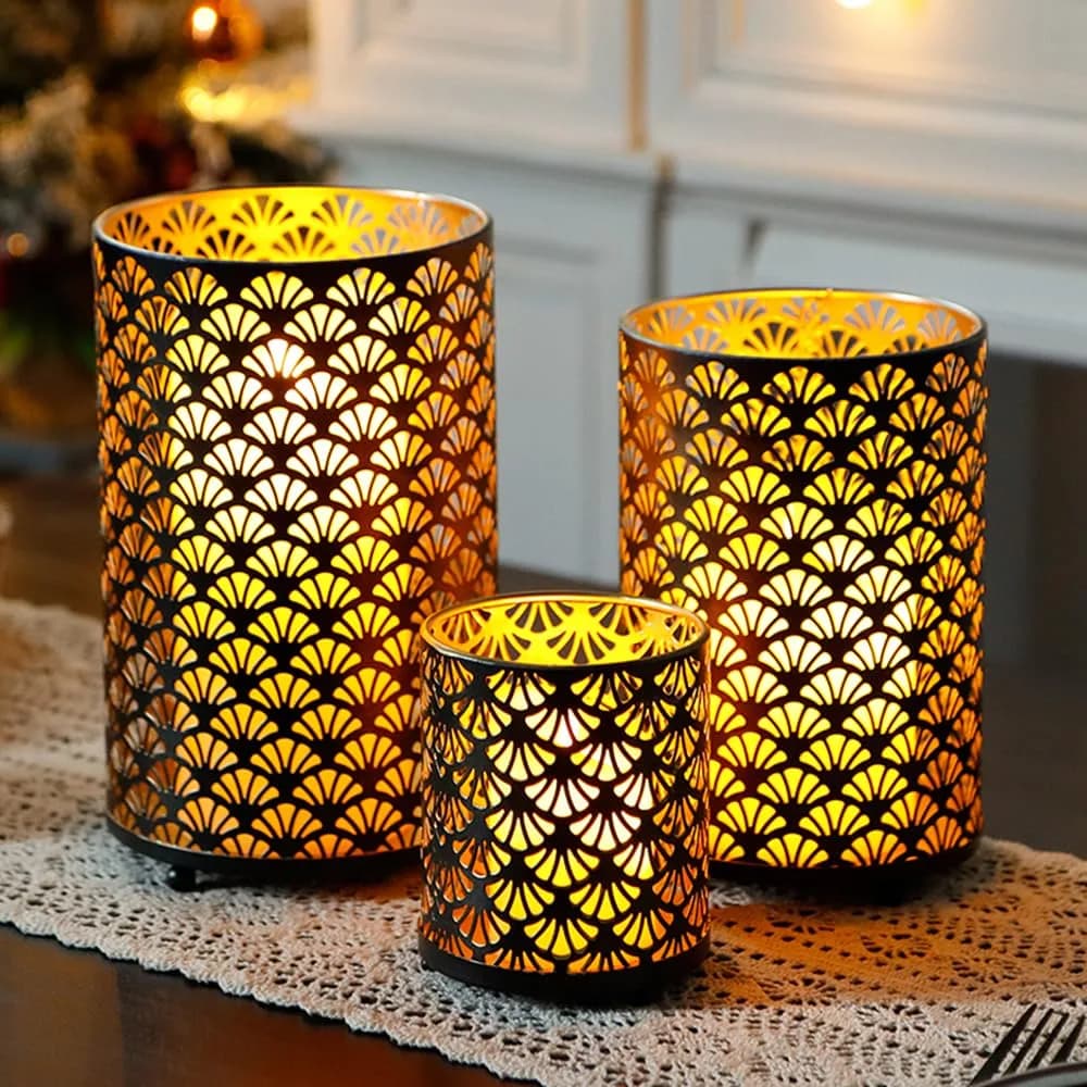 JHY DESIGN Set of 3 Metal Candle Holders Bronze Hurricane Pillar Candlestick Vintage Table Decor - main product image