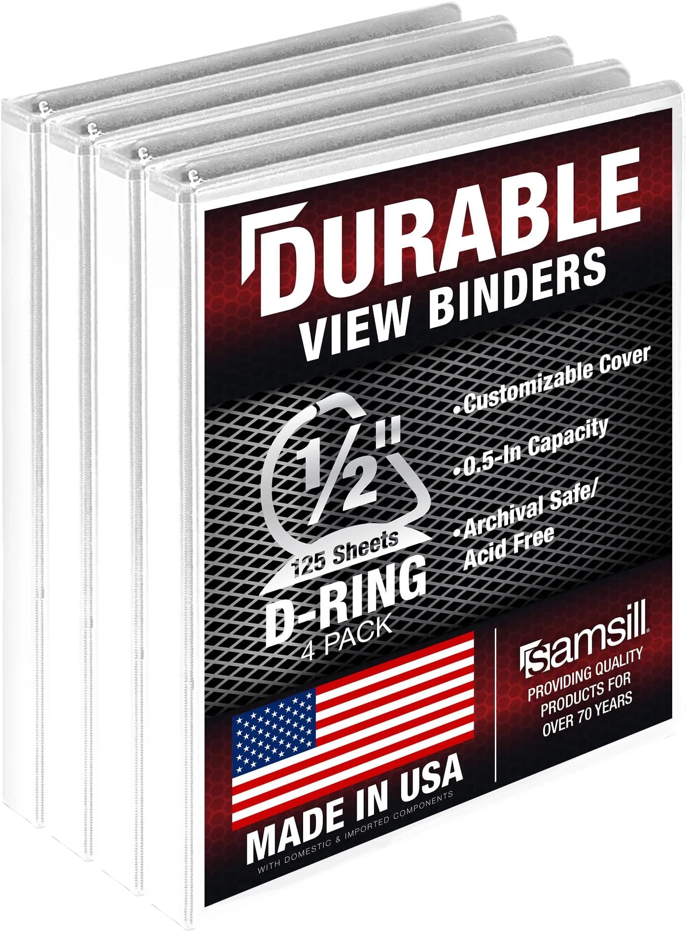 Samsill 1.3cm (0.5 Inch) 3 Ring D-Ring Binder, White, 4 Pack | Recycled Chipboard, Clear View Cover - main product image