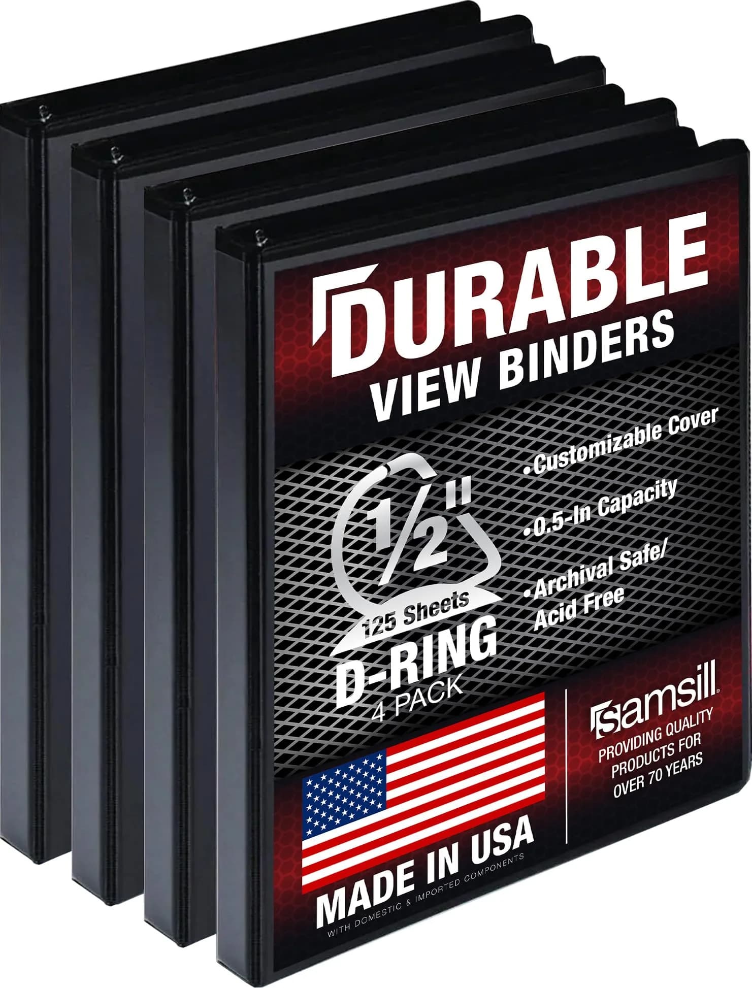 Samsill Black 4 Pack 1.3cm (0.5 Inch) D Ring Binder | Recycled Chipboard for Office & School - main product image