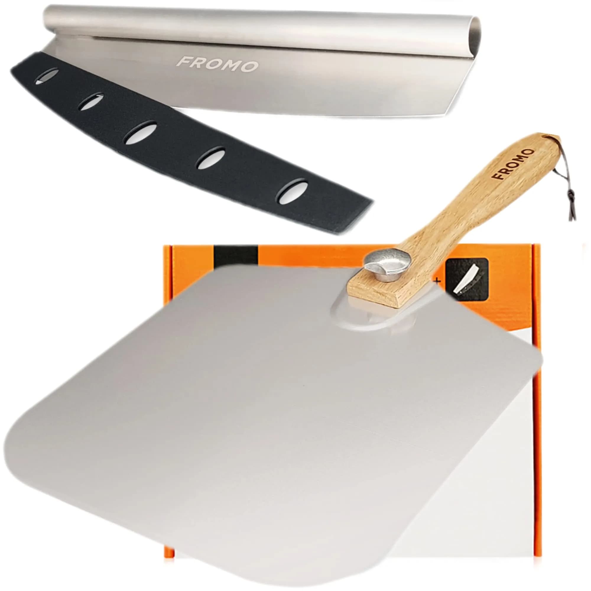 FROMO Premium Aluminum Pizza Peel Set with Foldable Wood Handle & 14" Rocker Cutter | 35.5cm x 30.5cm (14" x 12") - main product image
