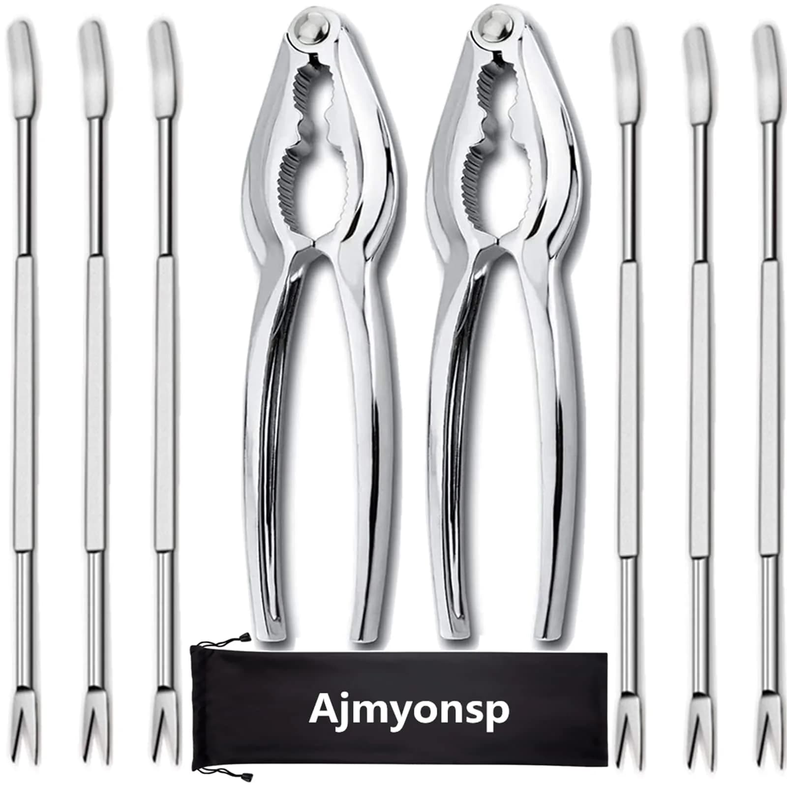 Ajmyonsp Seafood Crackers and Picks Set 8-Piece Stainless Steel & Zinc Alloy | Heavy Duty Nut Cracker & Lobster Tool Set - main product image
