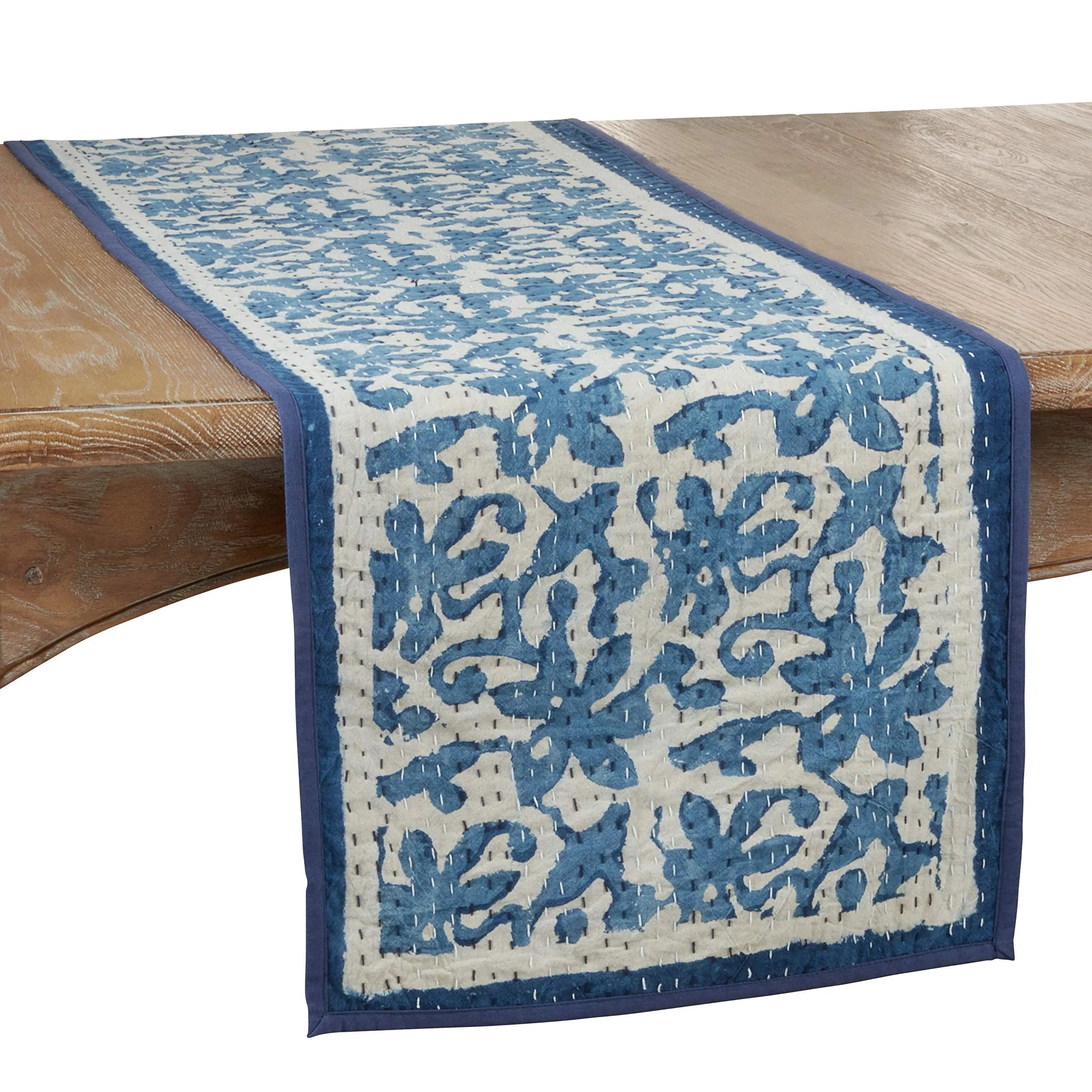 SARO LIFESTYLE Block Print Floral Kantha Stitch Table Runner | 14" x 72" Cotton Decor - main product image