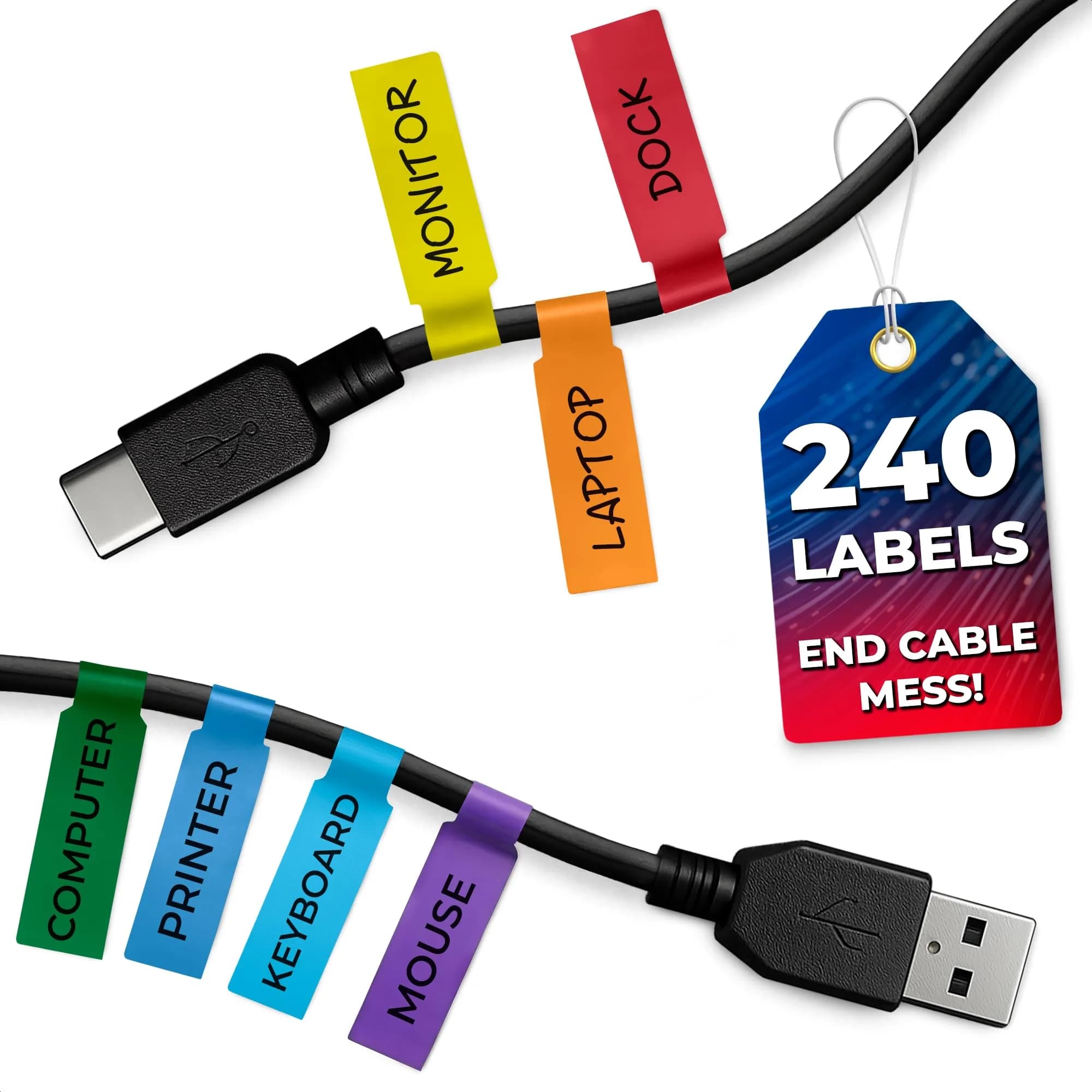 BURIUS 240 PCS Cable Labels for Cords in 8 Colors | Rectangular Paper Labels (84 x 26 mm) - main product image