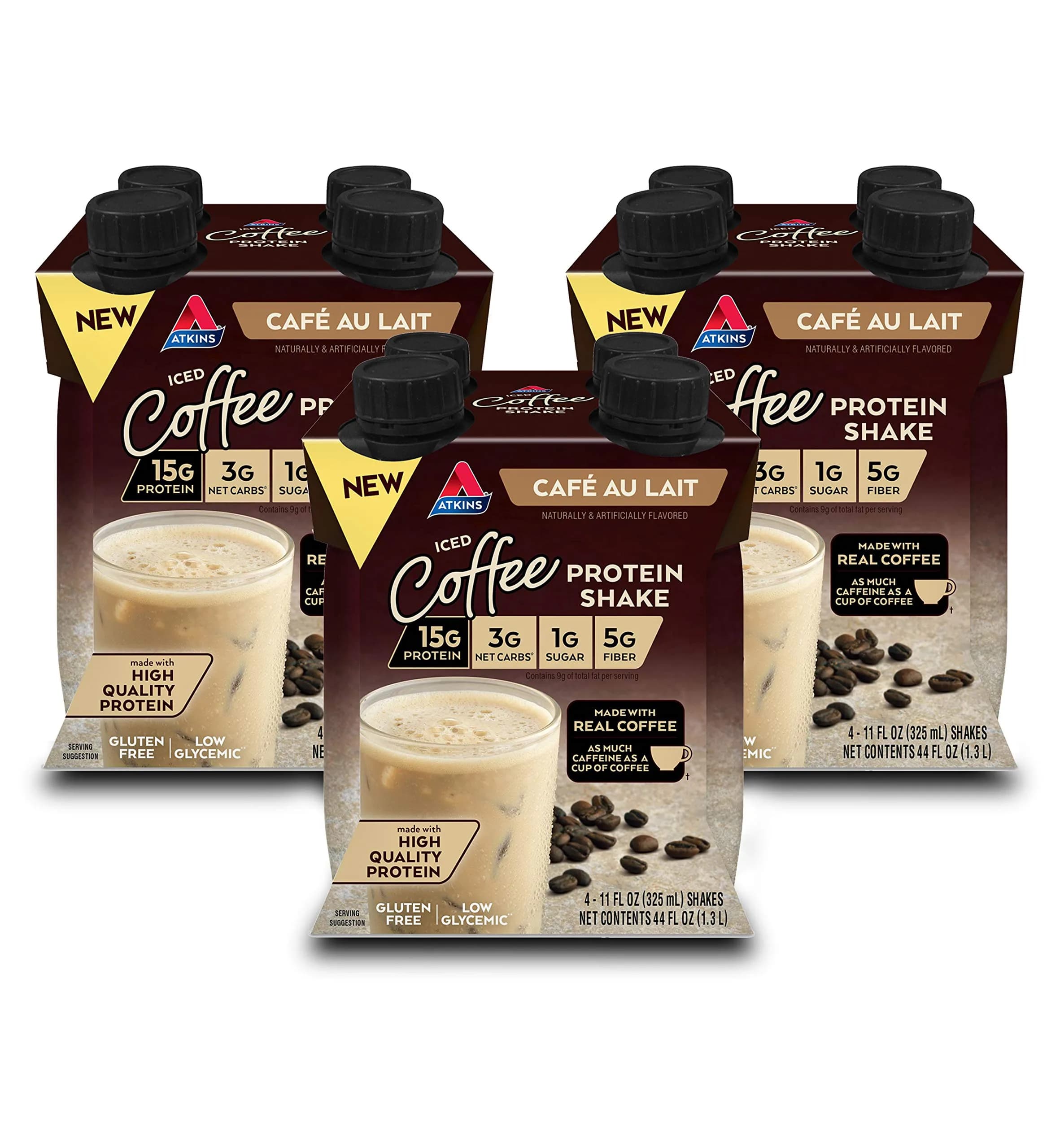 Atkins Café au Lait Iced Coffee Protein Shake 15g Protein, 3g Net Carb, 12 Count | Keto Friendly, Gluten Free - main product image