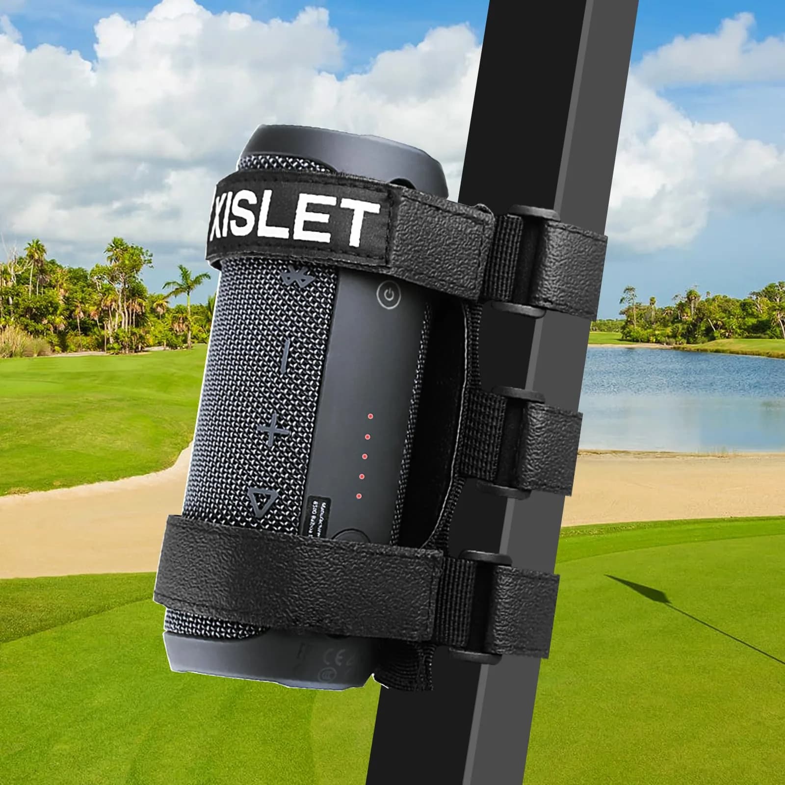 Xislet Portable Speaker Mount with Straps for Golf Cart, Bike, ATV — Black - main product image