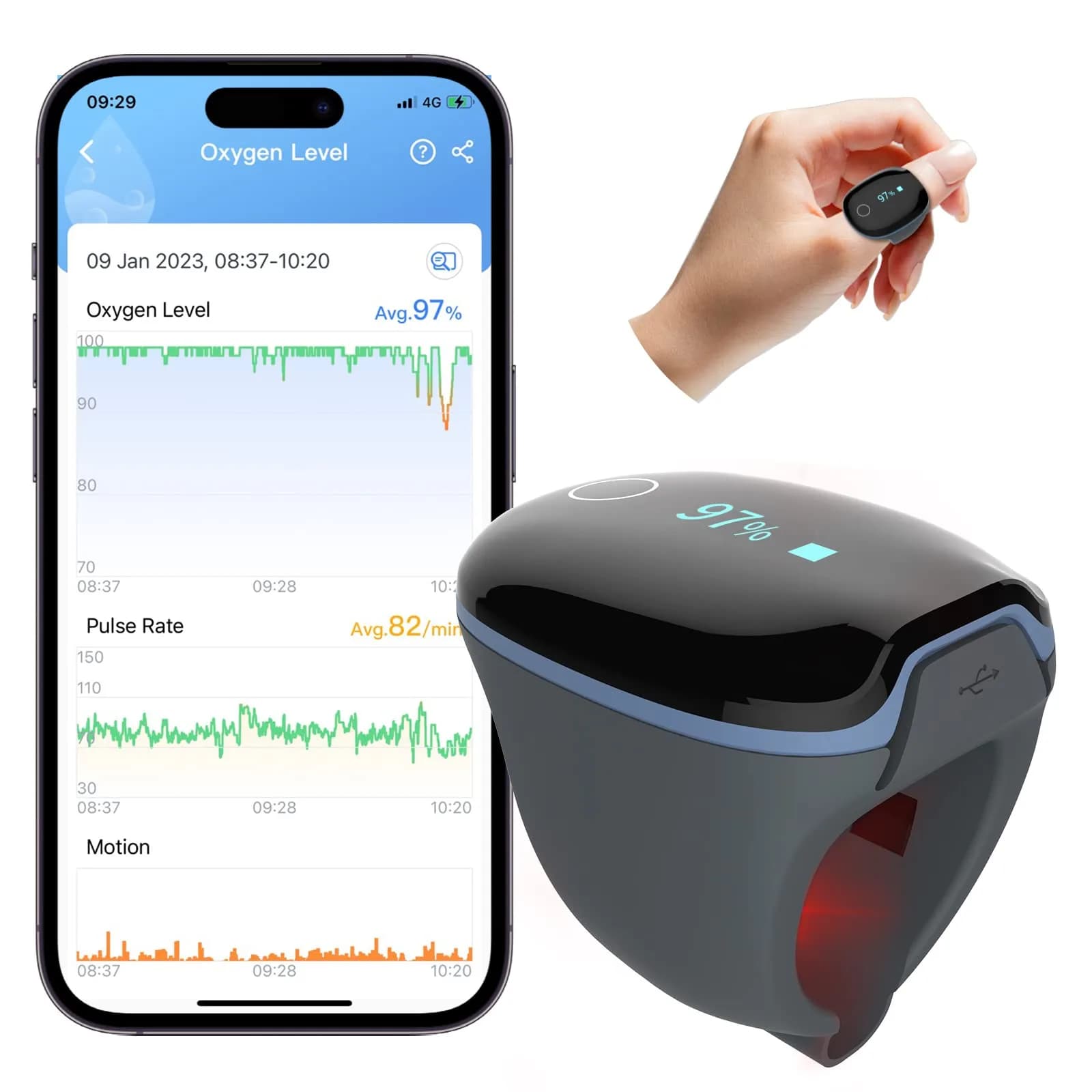 Wellue O2Ring Bluetooth Pulse Oximeter 7cm (2.75 inch) | Continuous SpO2 Tracking for Sports & Aviation - main product image