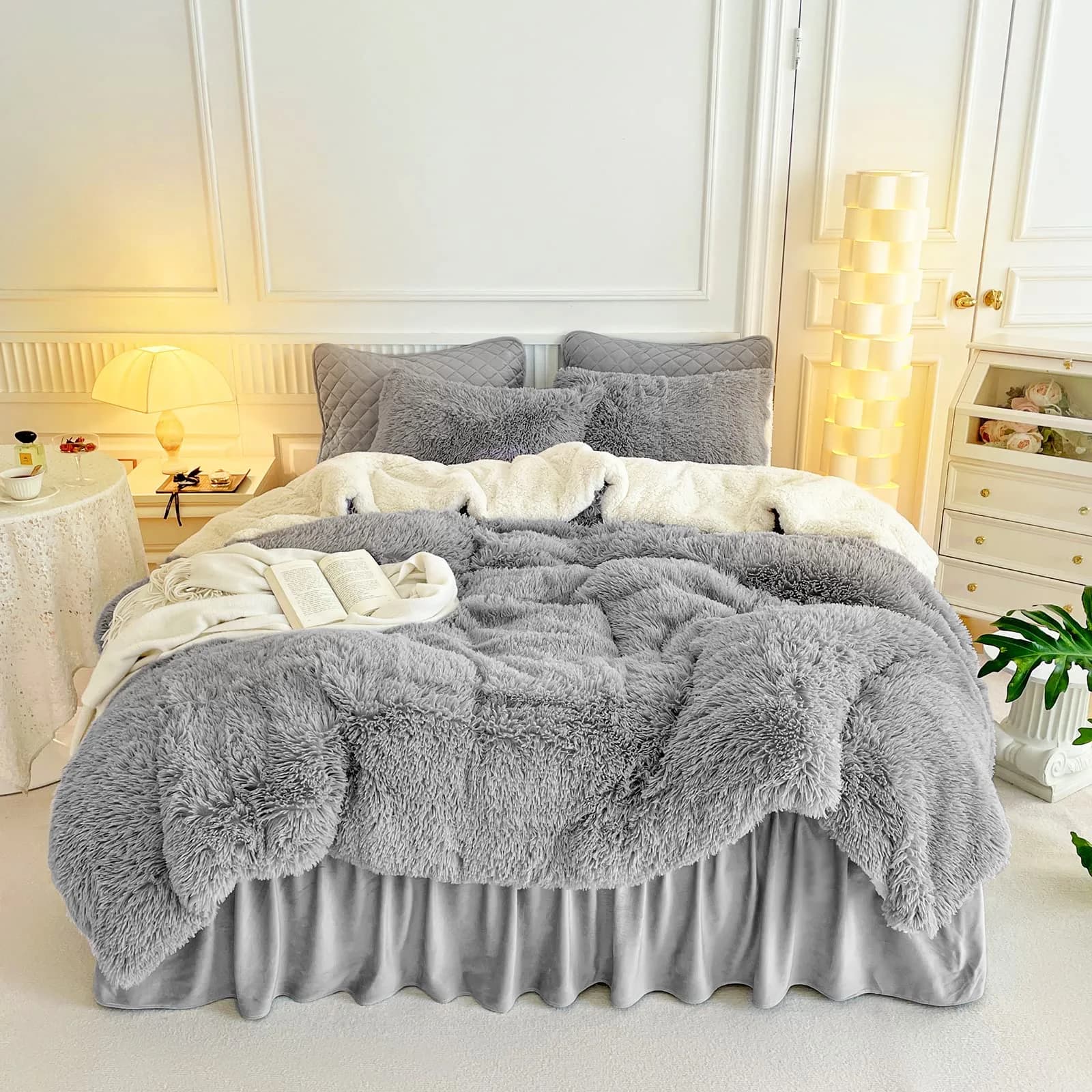 UOZZI BEDDING Faux Fur Shaggy Comforter Queen 90x90 in Cream White | Ultra Soft & Warm