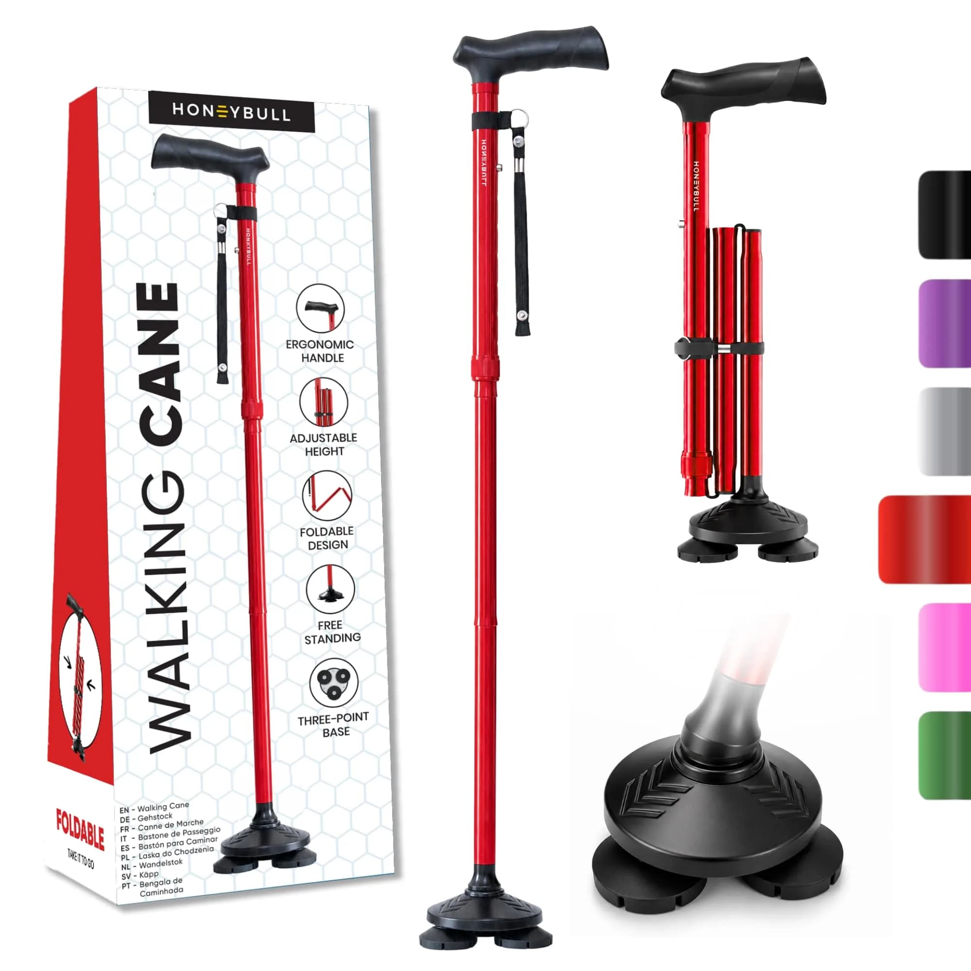 HONEYBULL Red Foldable Walking Cane | Adjustable Height 76-91cm (30-36 inch) with Free-Standing Pivot Base