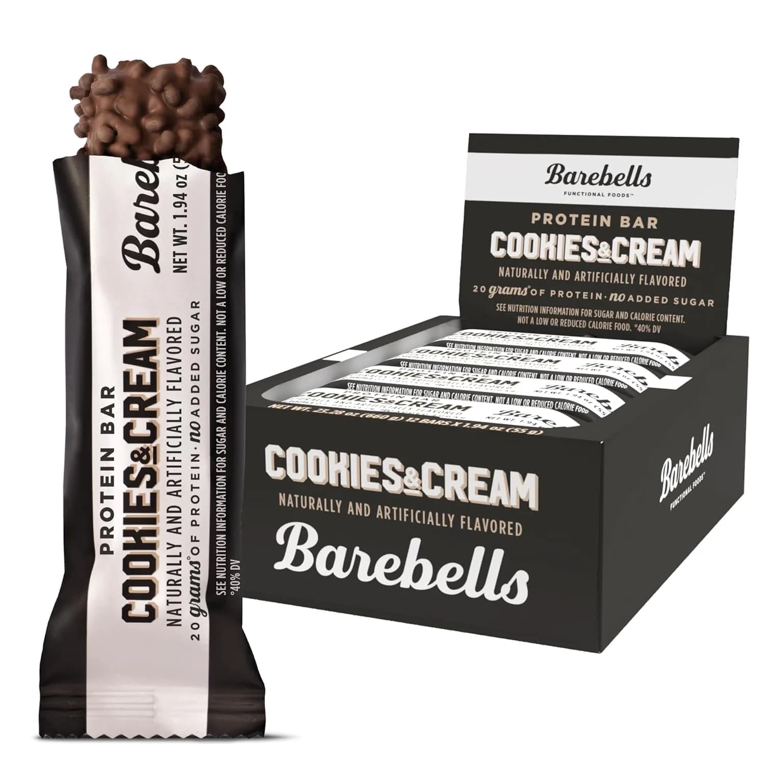 BAREBELLS Cookies & Cream Protein Bars (12 Count, 20g Protein) | Low Sugar Snack Bar - main product image
