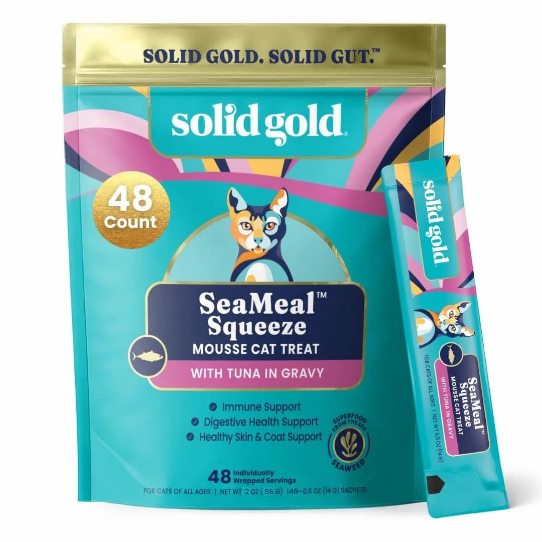 Solid Gold SeaMeal Squeeze Tuna Lickable Cat Treats with Seaweed for Skin & Coat - Wet Cat Treats with Digestive & Immune Health Support - Natural, Holistic, Grain Free (48 Squeezes)