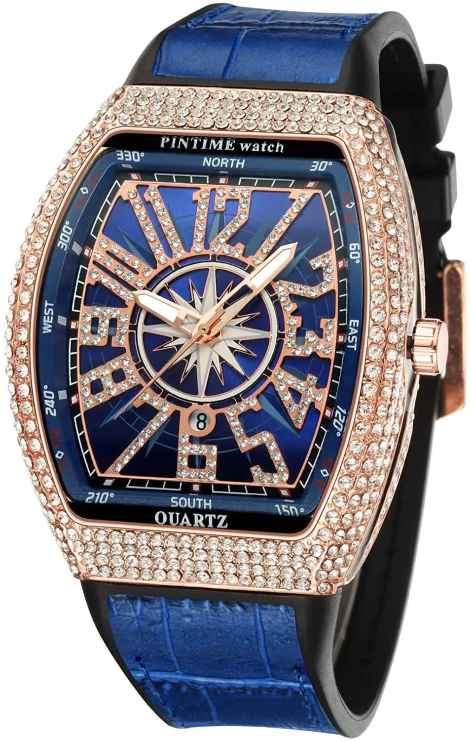 FANMIS Men's Skull Big Face Watch Rectangle Punk Diamond Dial Leather Strap Calendar Quartz Sports Wrist Watch (Rose Blue) 43mm | Luxury Bling Crystal Watch - main product image