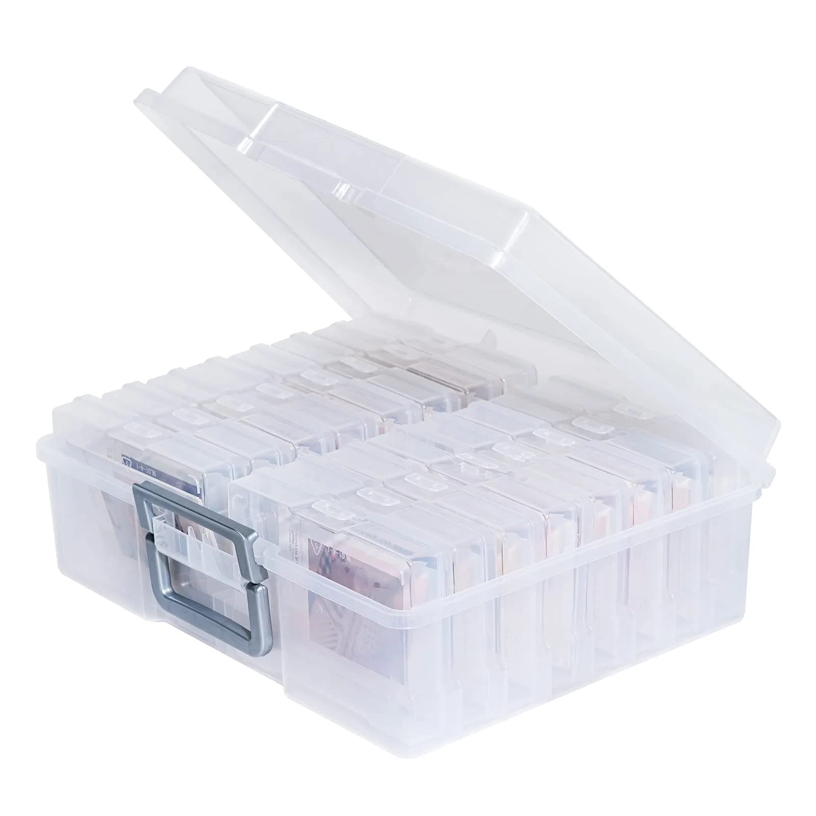 novelinks Photo Storage Box with 16 Inner Containers | Clear Silver Handle, 12" x 14.8" x 5.1" - main product image