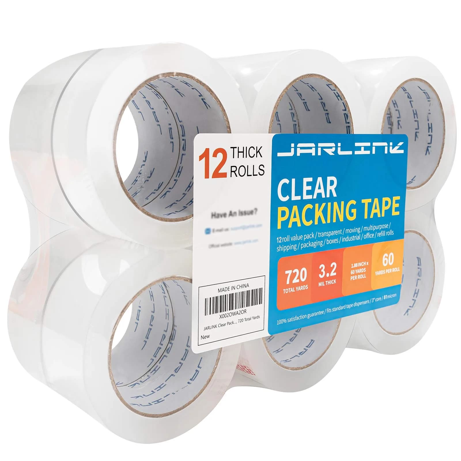 JARLINK Clear Packing Tape 12 Rolls | 55m (60 yd) x 48mm (1.88") | Heavy Duty BOPP Acrylic Adhesive Tape - main product image