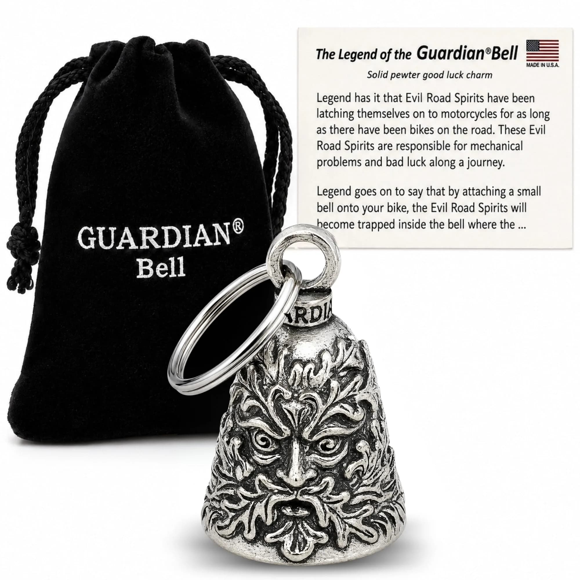 Guardian Bell Green Man Good Luck Bell with Keyring & Gift Bag | Motorcycle Bell | 1.75 inch - main product image