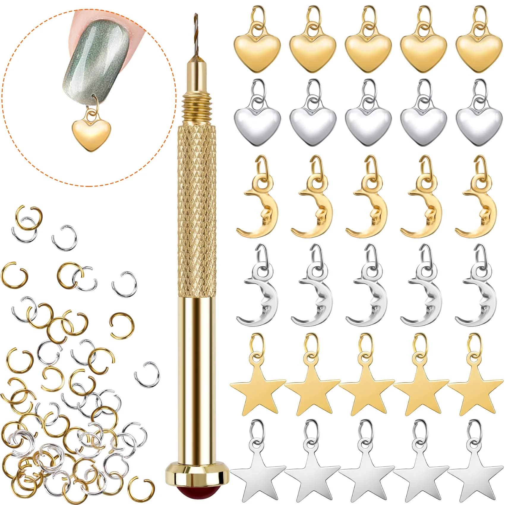 PAGOW 71PCS Dangle Nail Art Charms Kit with Hand Drill & Jump Rings | Nail Piercing Tool for Acrylic, Gel & Decorations - main product image