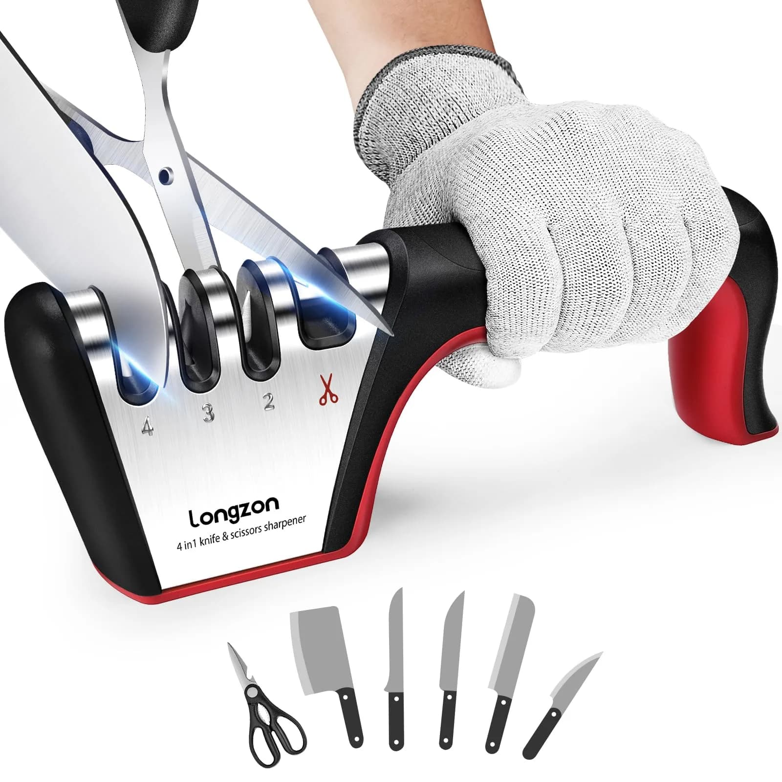 Longzon 4-Stage Knife Sharpener with Cut-Resistant Glove | Restores Dull Blades - main product image