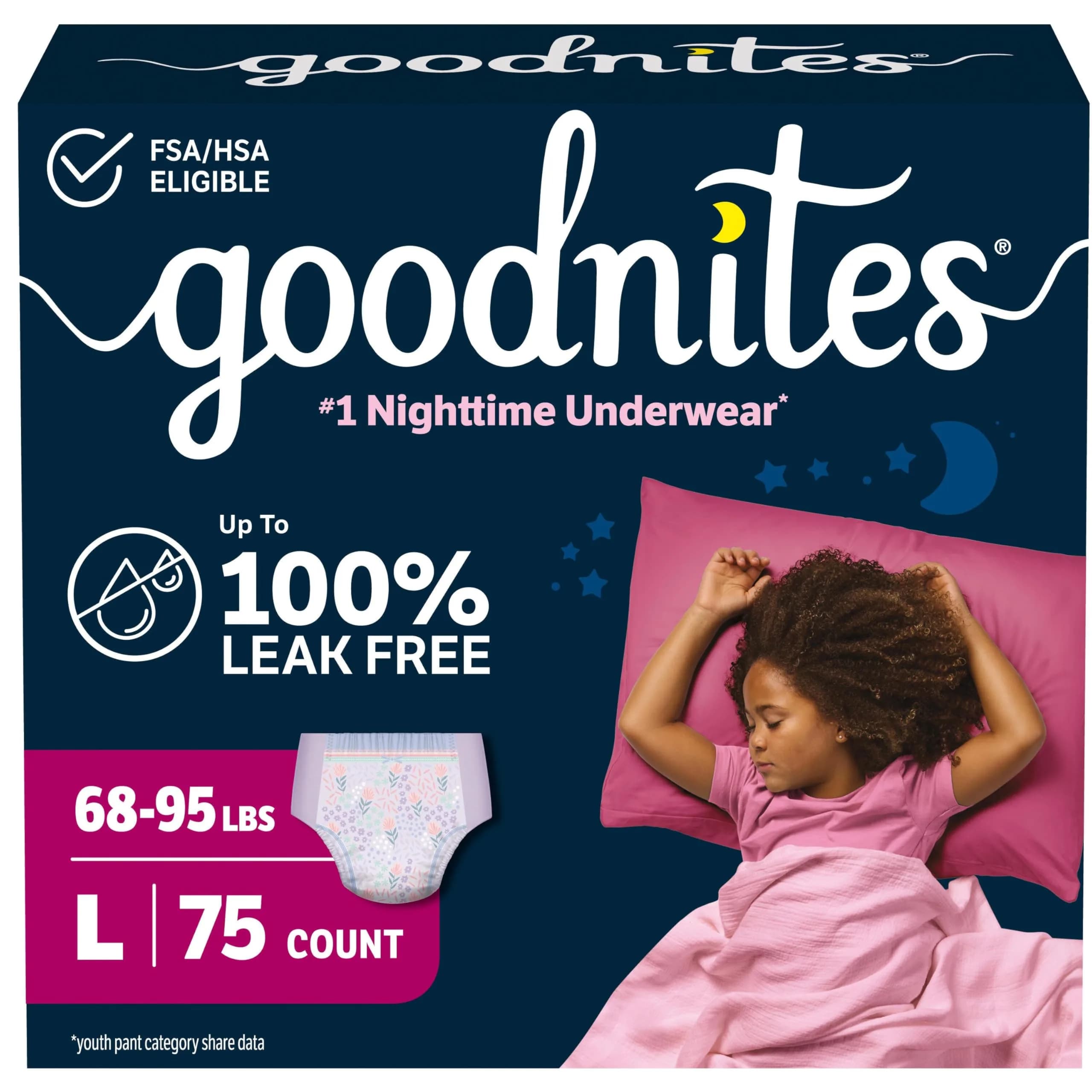 GoodNites Girls' Nighttime Bedwetting Underwear, Size Large (68-95 lbs), 75 Ct (3 Packs of 25) | Clinically Proven for Better Sleep - main product image