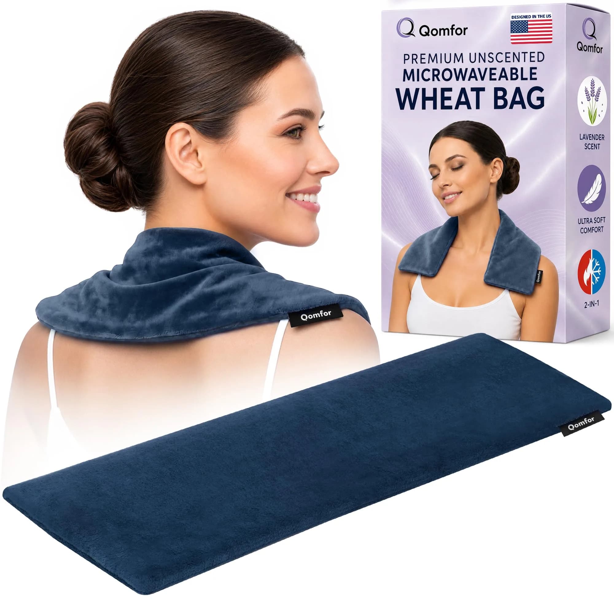Qomfor Microwavable Heating Pad - Dark Blue - Lavender Scented | Therapeutic Heat Wrap for Neck, Shoulders & Period Cramps Pain Relief