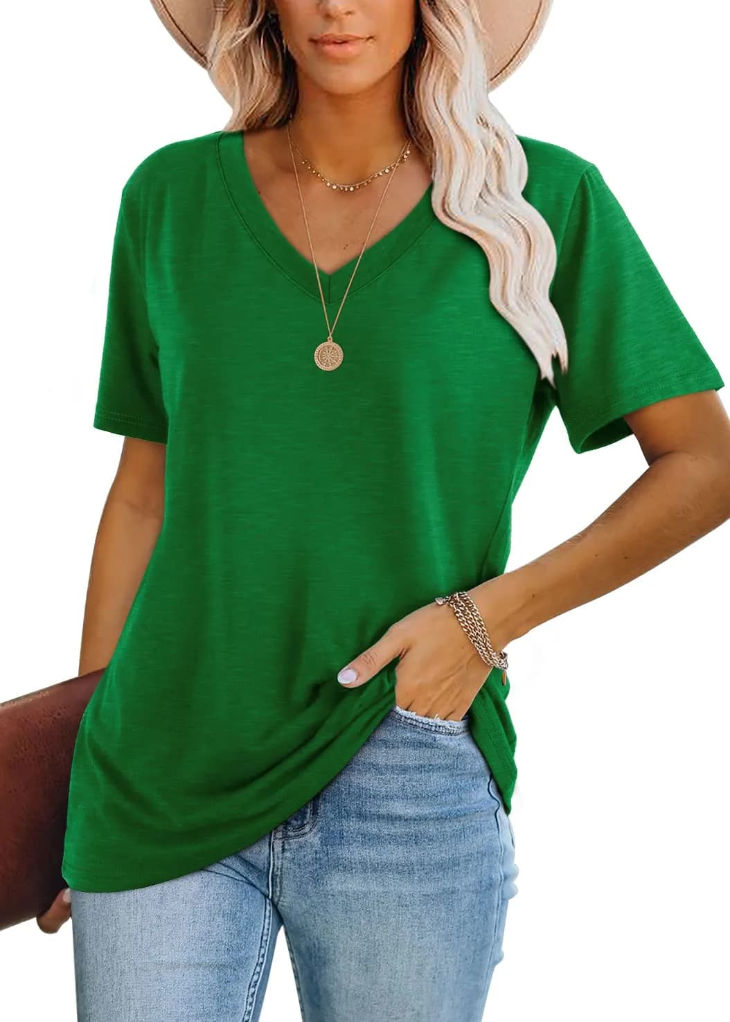 WIHOLL Green V Neck Loose Fit Summer Top for Women | Casual Blouse for Beach & Vacation (70-120 chars)