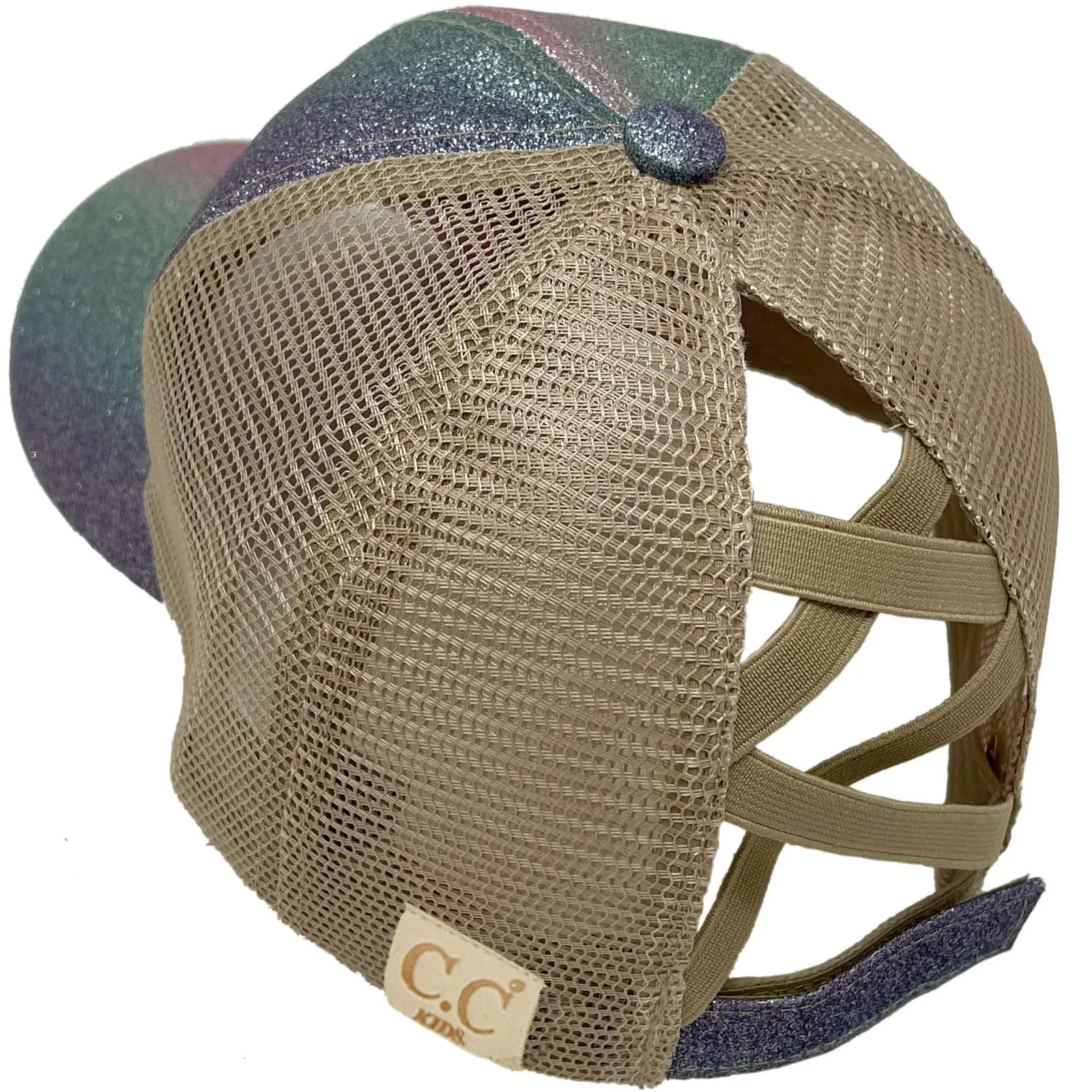 C.C Kids Messy Bun Ponytail Baseball Cap Hat with Criss-Cross Back & Ombre Glitter (One Size Fits Most, Purple Multi) - main product image