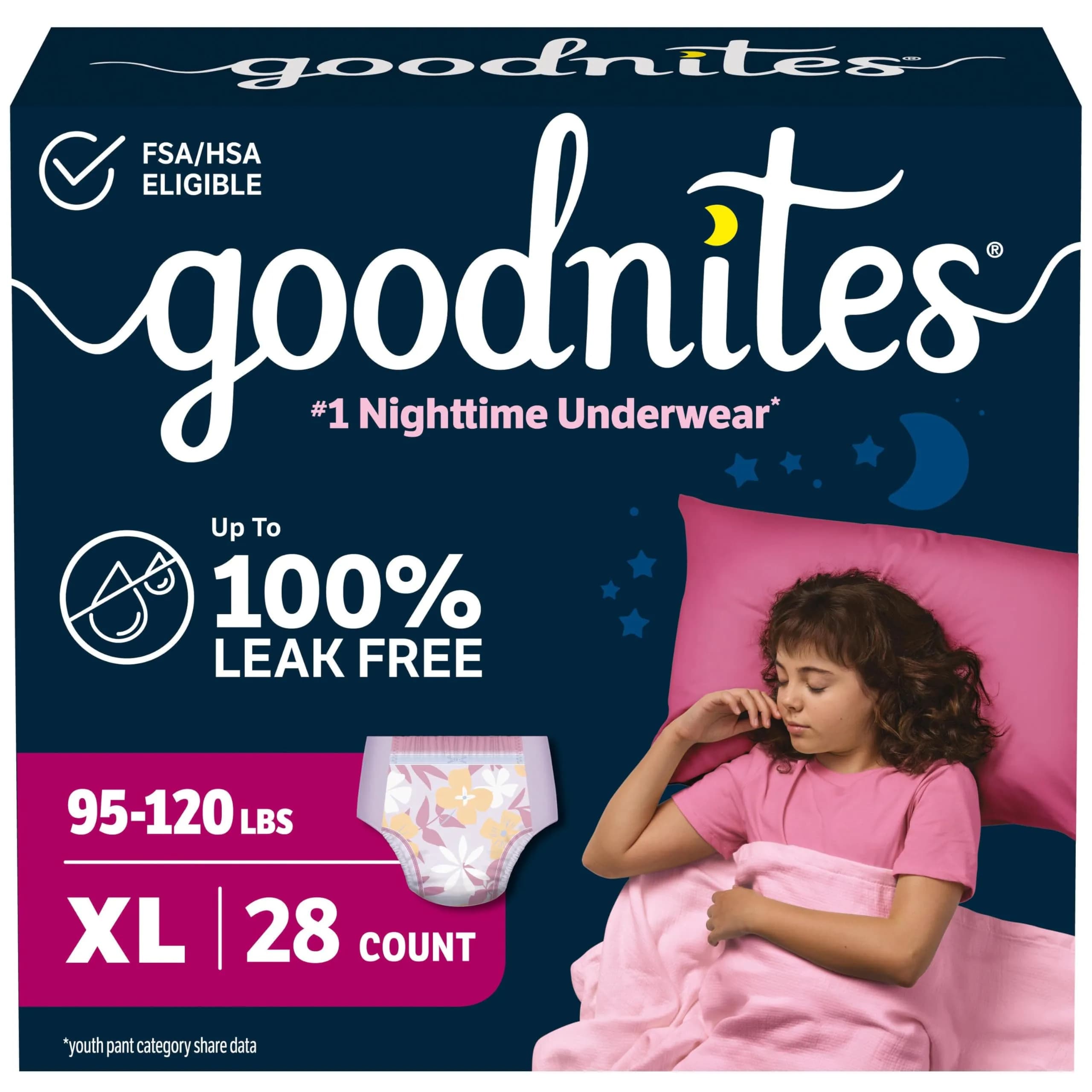 Goodnites Girls' Nighttime Underwear XL (95-120 lbs) | Leak-Free Protection for Confident Nights - main product image