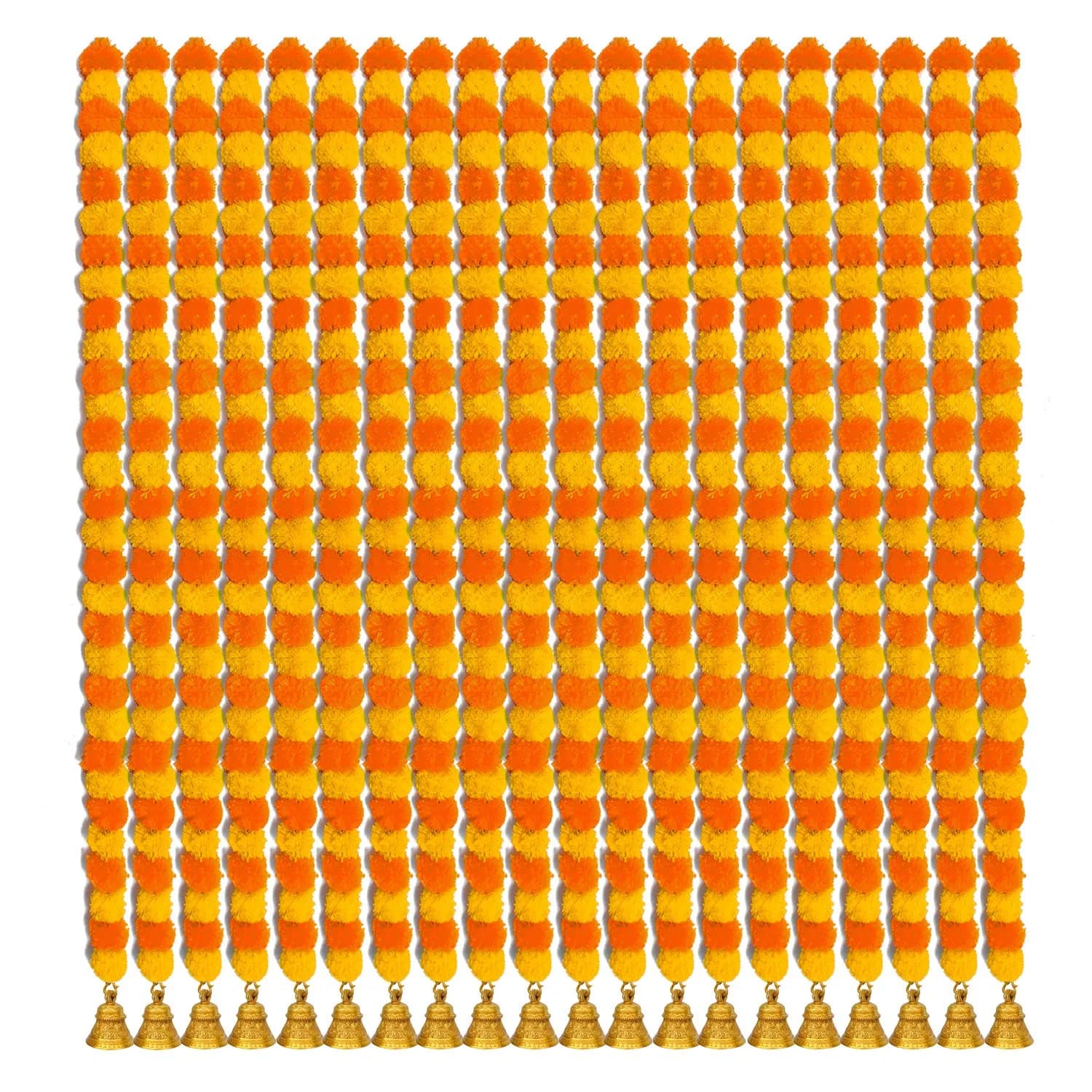 iHandikart Artificial Marigold Garland with Bells, 60 inch (152 cm) Length, Pack of 20 | Vibrant Yellow & Light Orange for Festive Decor - main product image