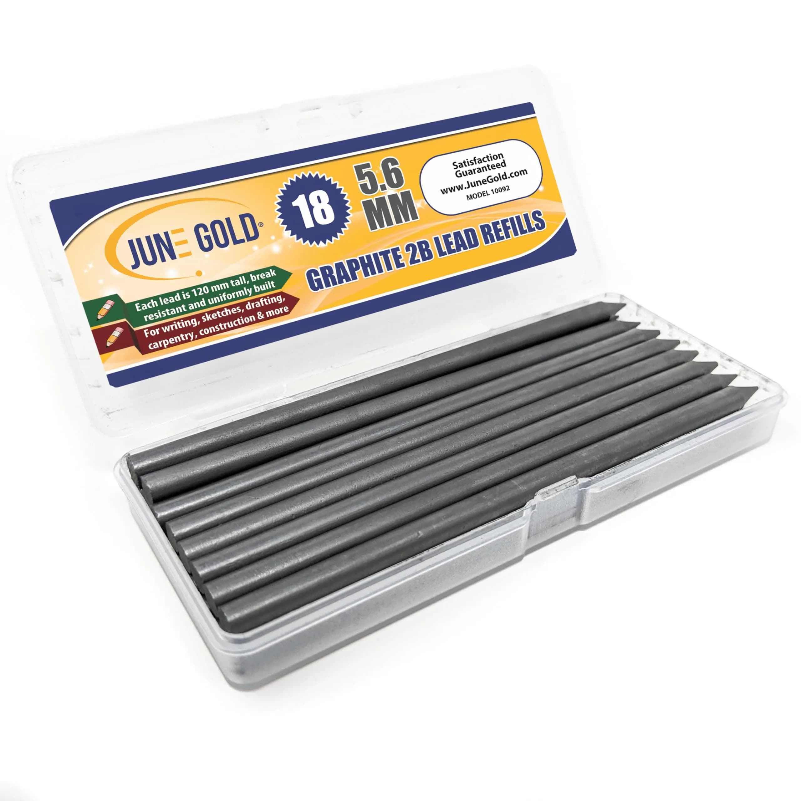 June Gold 5.6mm 2B Lead Refills, 120mm Length, Break Resistant (18 Count) - main product image