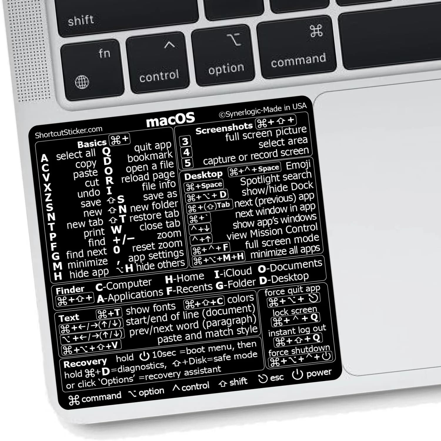 Synerlogic Mac OS Shortcuts Sticker for Air/Pro | Laminated Vinyl Keyboard Cheatsheet (Black)