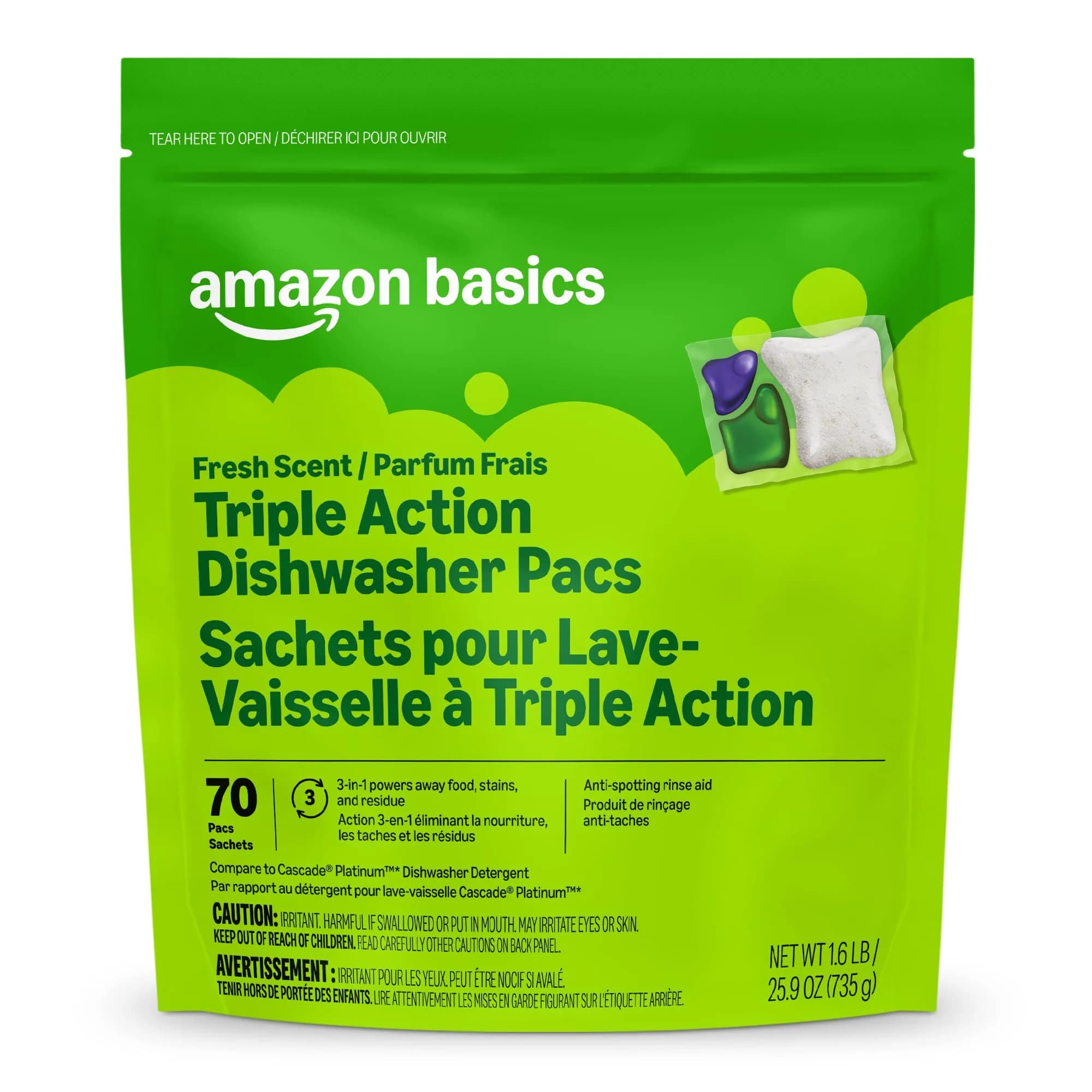 Amazon Basics Triple Action Dishwasher Pacs, Fresh Scent, 70 Count | Powerful Cleaning for Sparkling Dishes - main product image