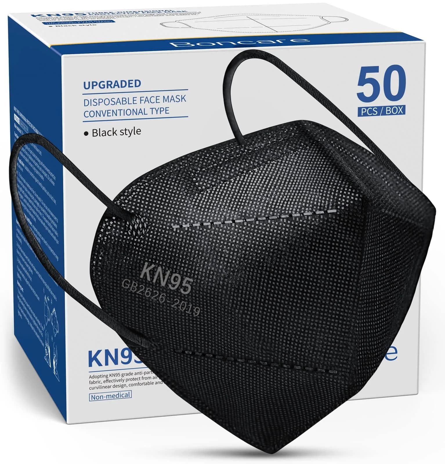 Boncare KN95 Face Masks 50 Pack | 5-Layer Disposable Masks, Breathable & Comfortable, Black