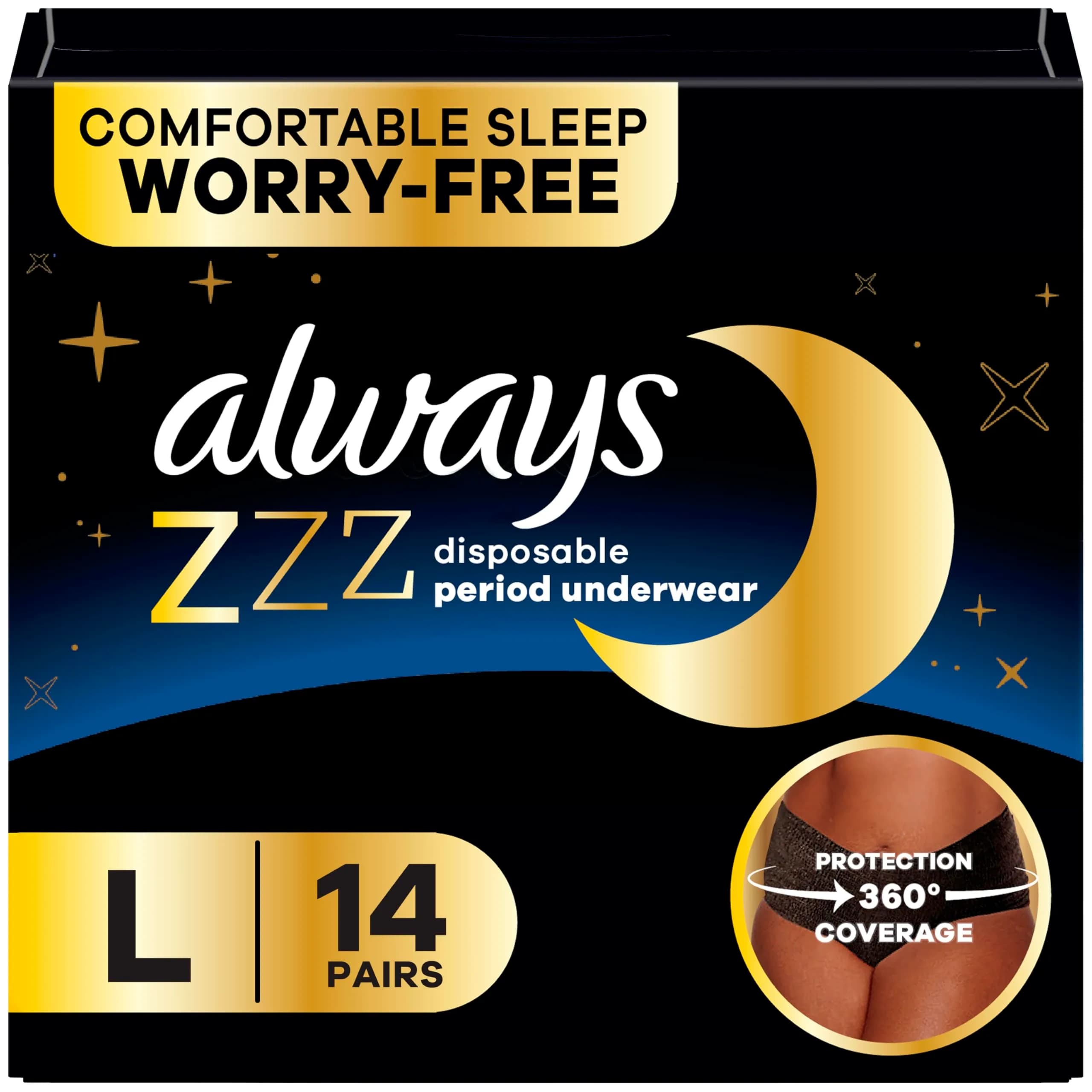 Always ZZZ Overnight Disposable Period Underwear for Women, Large, 14 Count | 360° Leak Protection - main product image