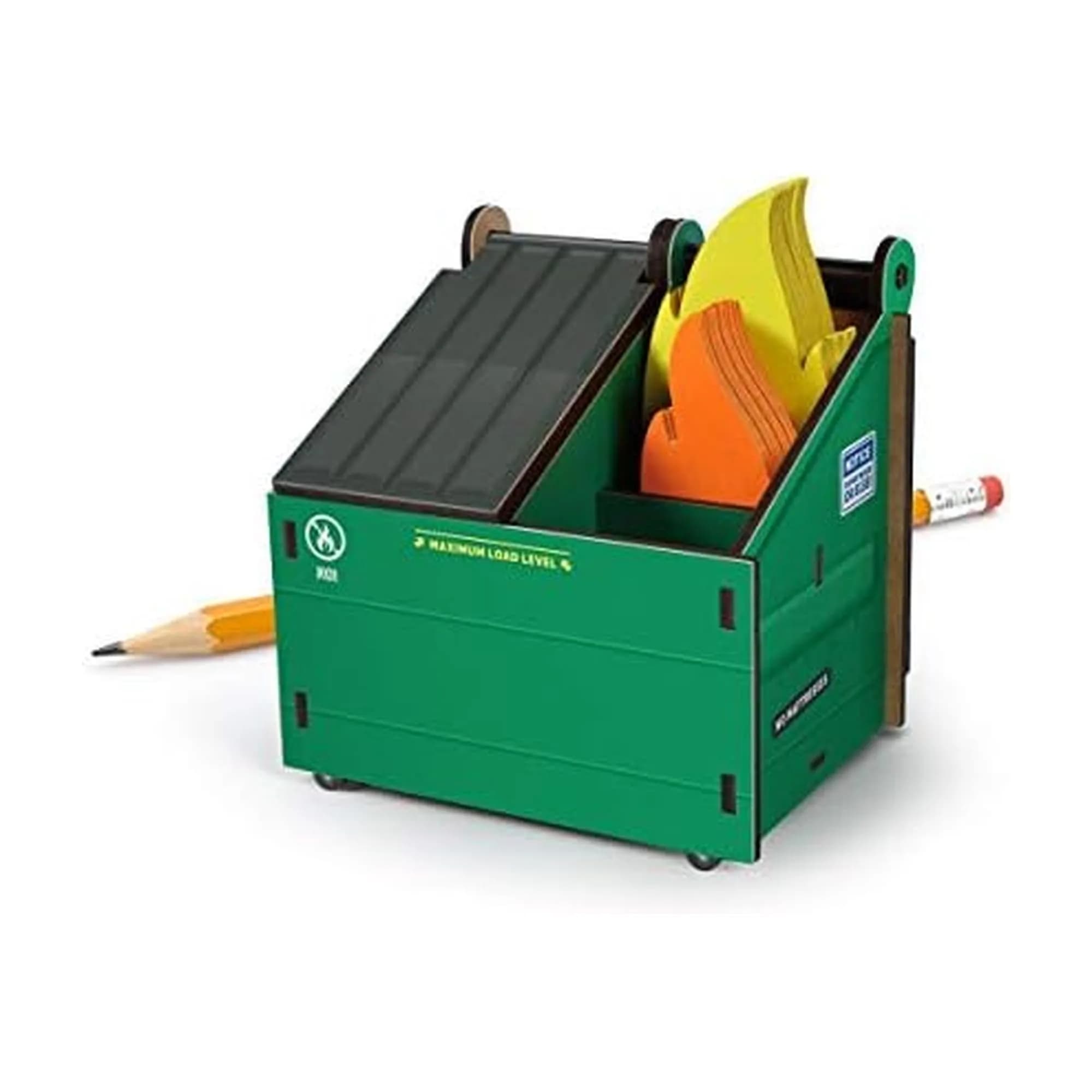 Fred & Friends Desk Dumpster Pencil Holder with Flame Note Cards | Unique Cube Organizer for Workspace
