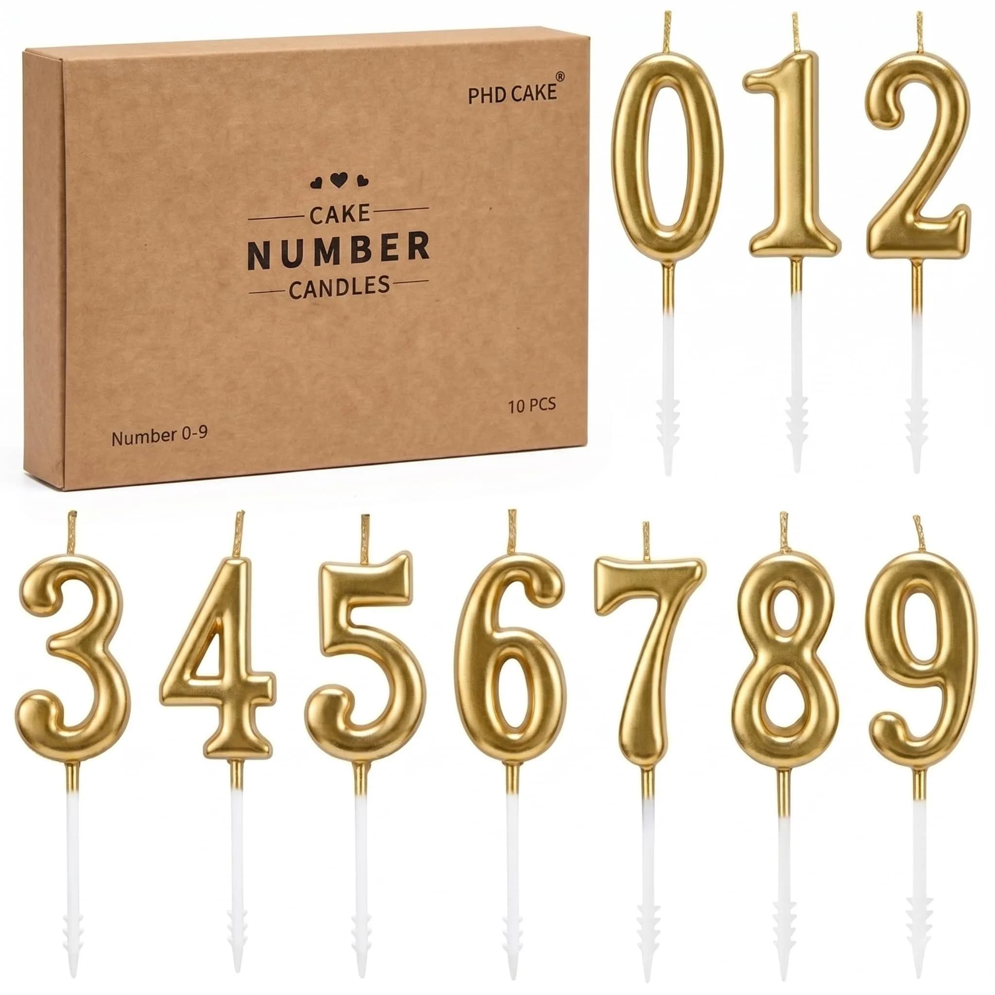 PHD CAKE Champagne Gold Number Birthday Candles 0-9 | 10 Pieces, 4.33 inches Tall