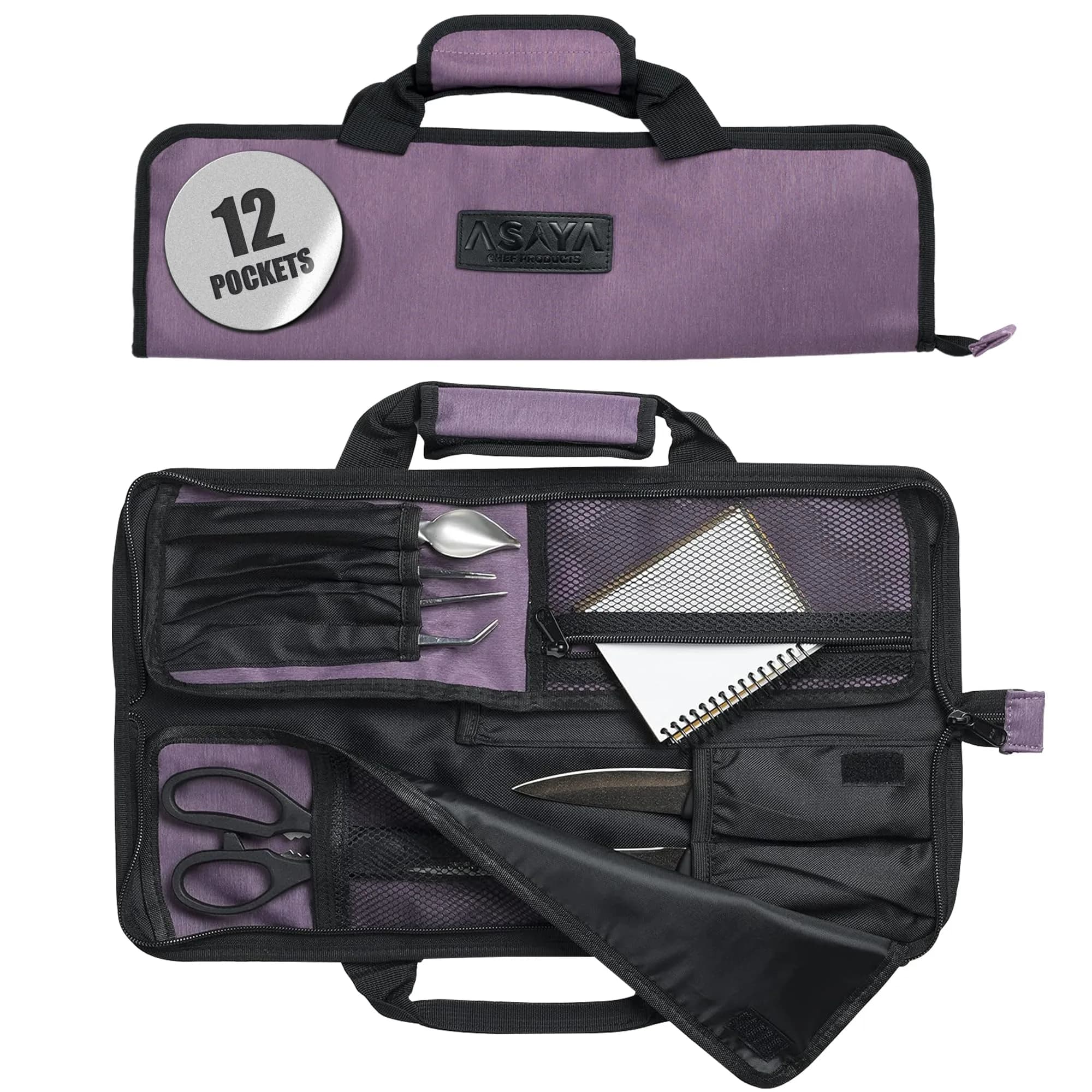 Asaya Chef Knife Roll Bag - 12-Pocket Travel Case for Kitchen Knives, Lightweight Stain-Resistant Nylon, Purple - main product image