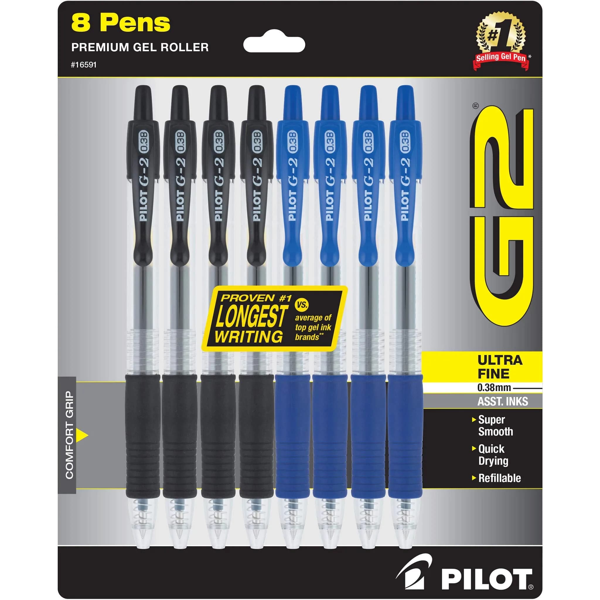 Pilot G2 Premium Retractable Gel Pens .38mm 8-Pack | Smooth, Long-Lasting, Refillable