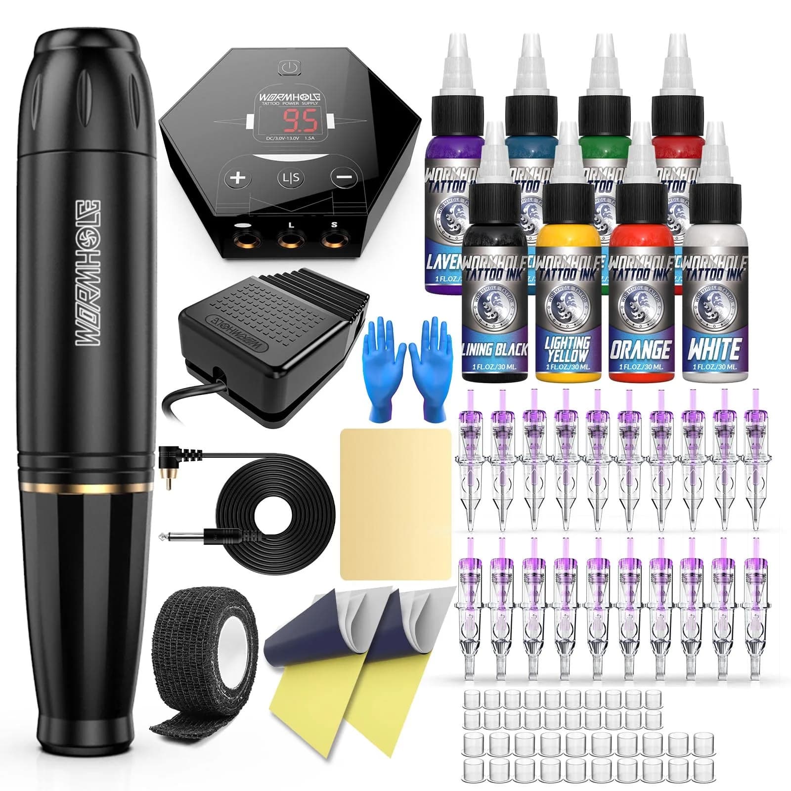 Wormhole Tattoo Gun Kit WTK070 for Beginners | Complete Set with 8x 30ml Ink & 20 Needles - main product image