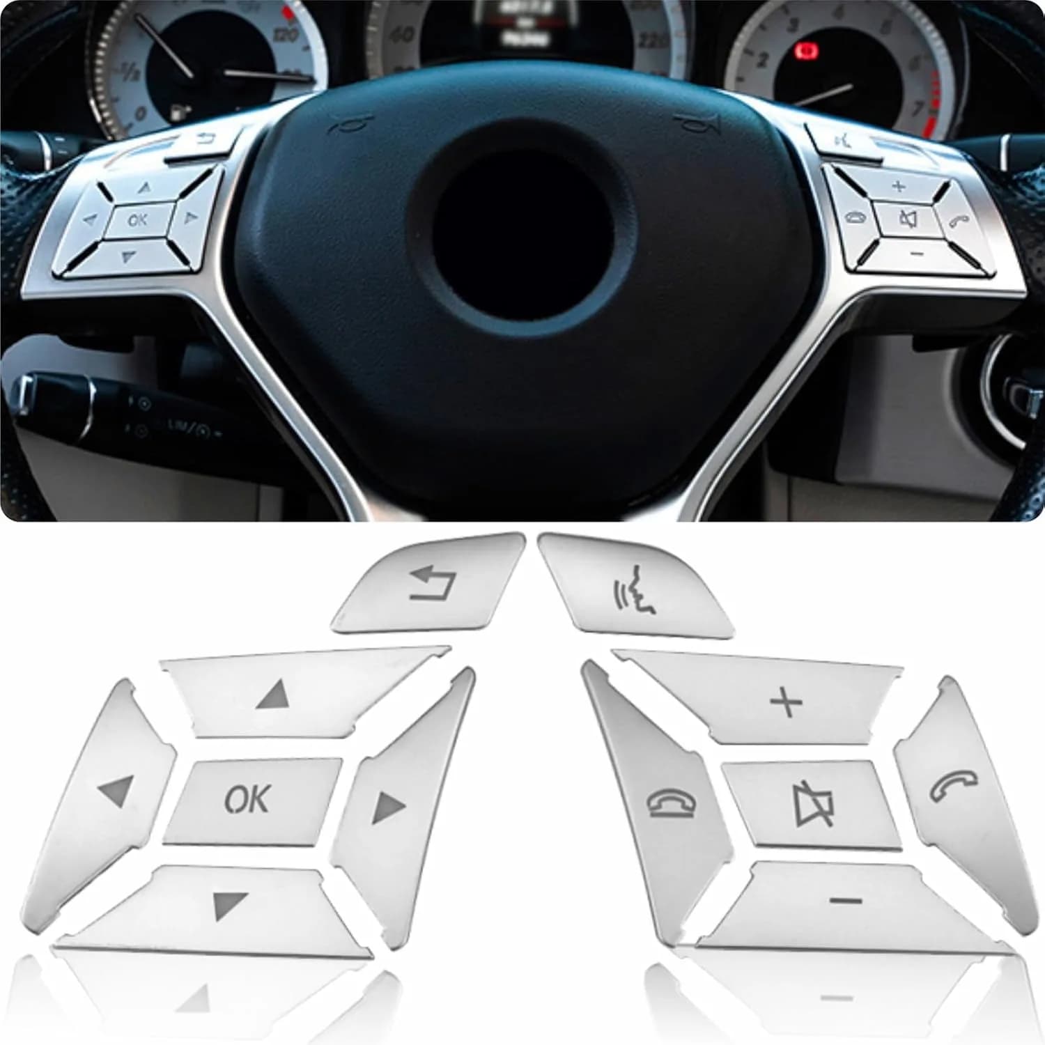 Asrnten Car Steering Wheel Button Trim Inner Decoration Silver Model D | Compatible with Mercedes Benz Models (70-120c)