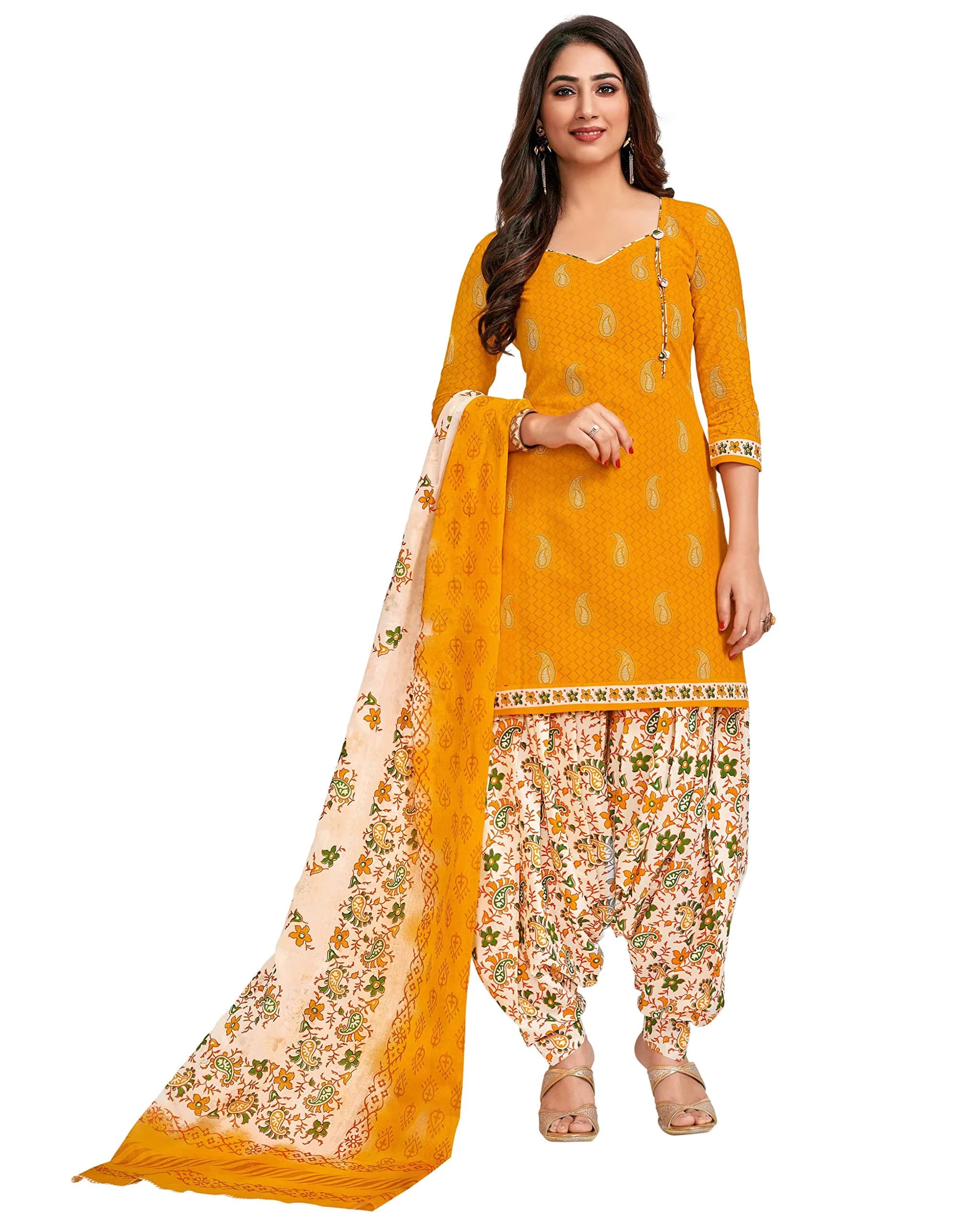 Miraan Women's Cotton Printed Readymade Salwar Suit XXX-Large Yellow 116.84 cm (46 inches) Chest | 3-Piece Stitched Cotton Set - main product image